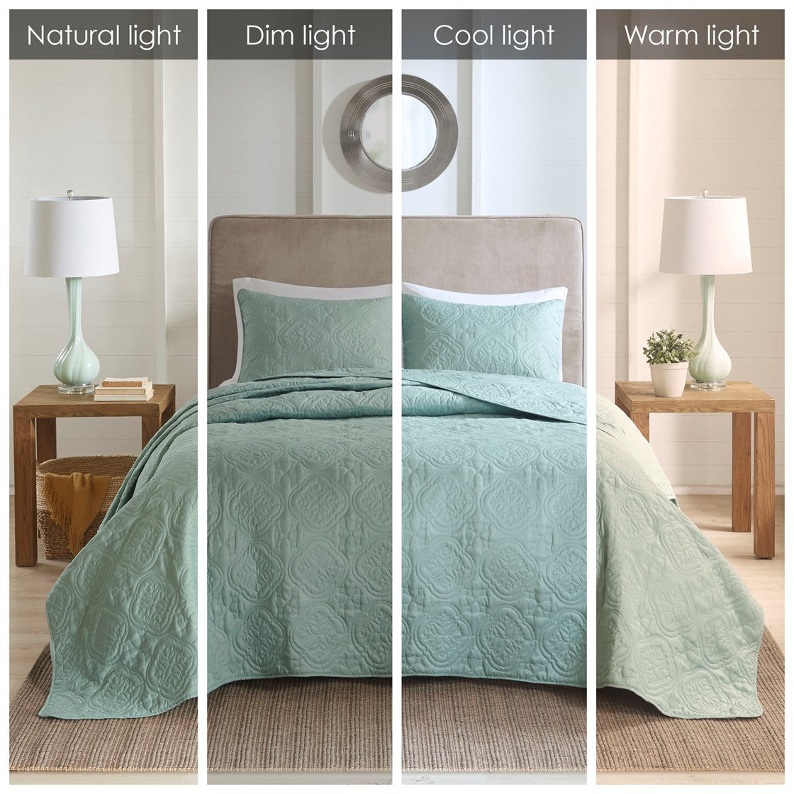 3 Piece Reversible Bedspread Set Seafoam King Cal King King Green Microfiber