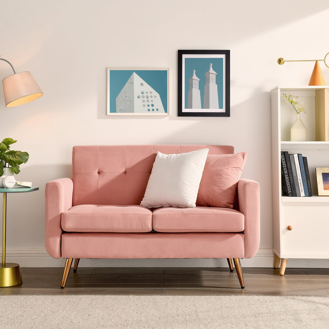 Loveseat Sofa, Mid Century Modern Decor Beautiful Seat Couches For Living Room, Button Tufted Upholstered Small Couch For Bedroom, Solid And Easy To Install Beautiful Seats Furniture,Pink Pink Foam 2 Seat