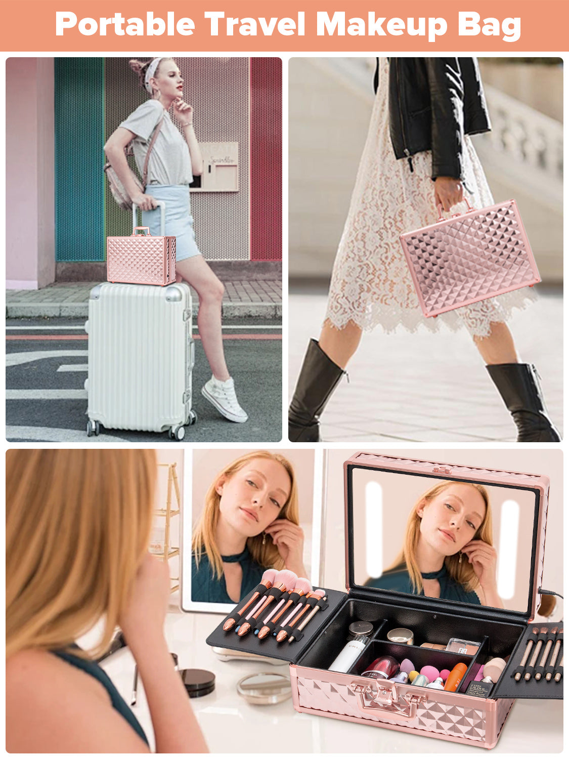Portable Makeup Case With Led Mirror Travel Makeup Bag Cosmetic Organizer Box With Locks, Brush Holder, Dividers, Rechargeable, Rose Gold Rose Gold Aluminium Alloy
