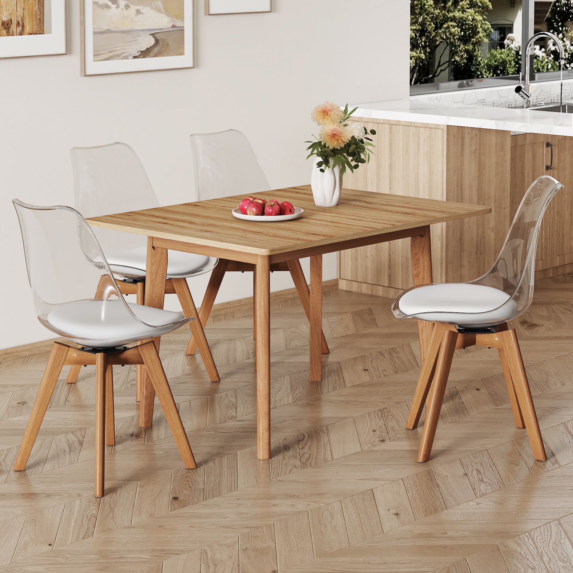 Wood Colored Mfc Desktop With Rubber Wooden Legs, Foldable Computer Desk, Foldable Office Desk, 4 Modern Chairs Can Rotate 360 Degrees,The Seat Cushion Is Made Of Pu Material. Zd 1545 C 1162 Wood Wood