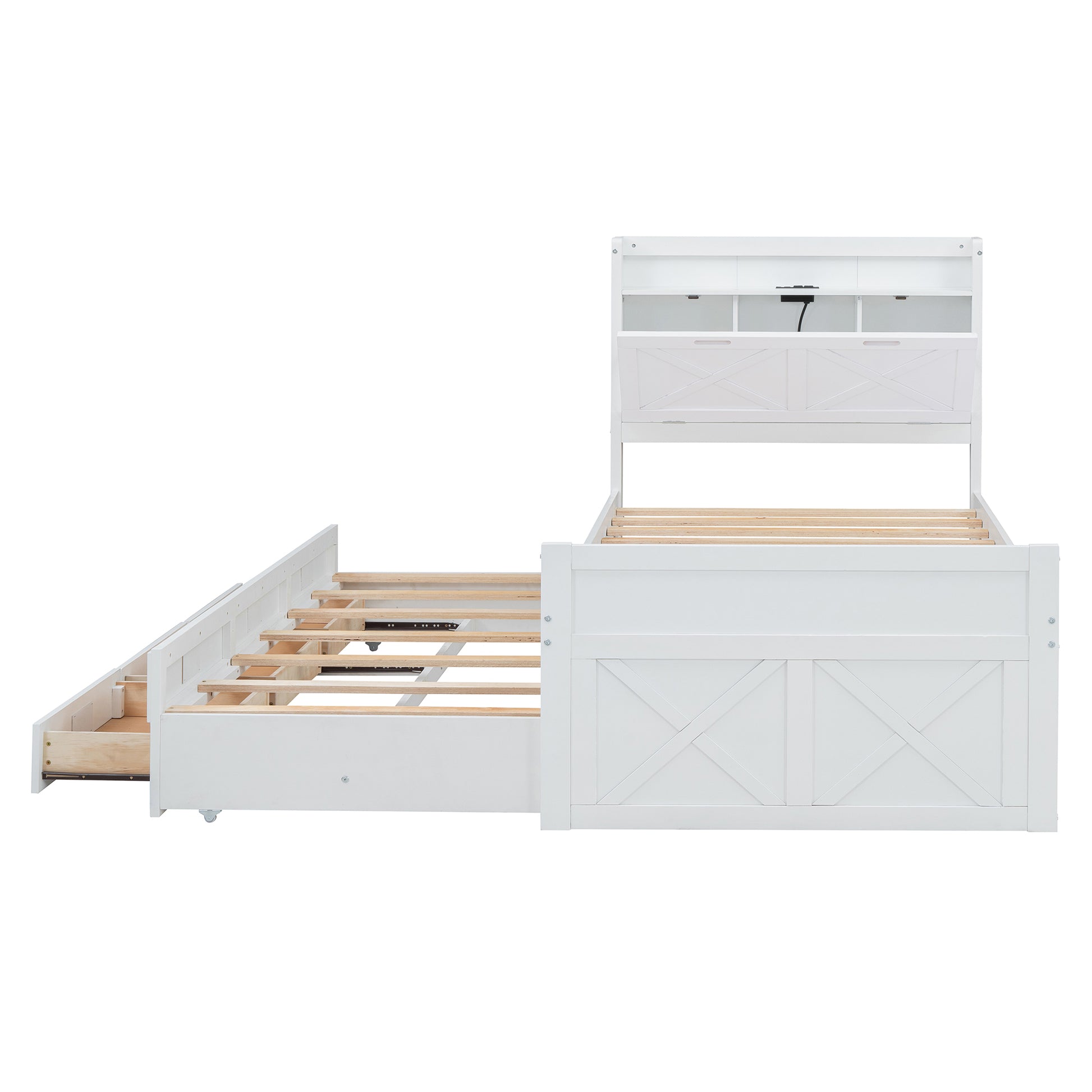 Twin Size Wooden Bed With Storage Headboard With Outlets, Extendable Bed With Twin Size Trundle With Three Storage Drawers,White Twin White Wood