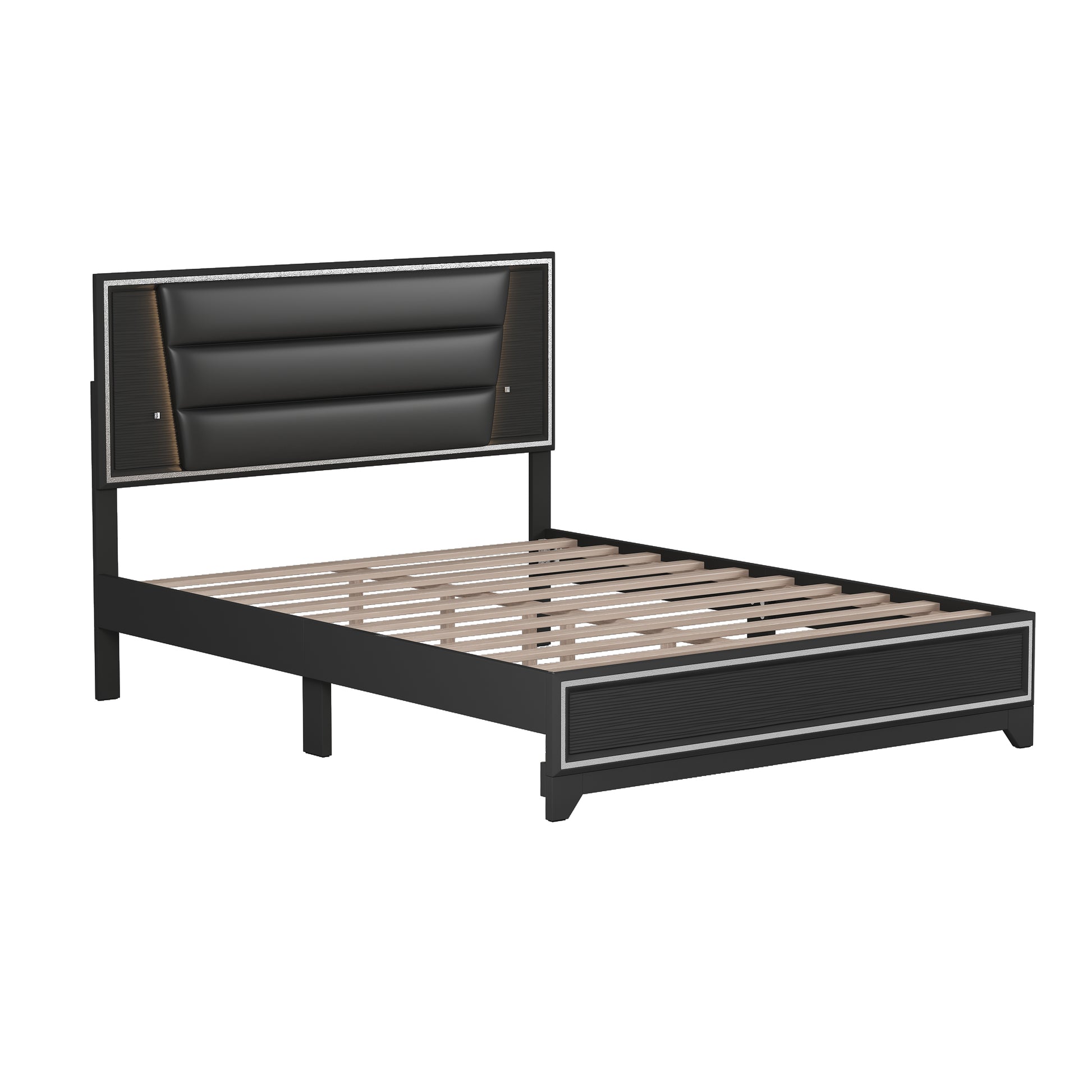 Queen Size Pu Upholstered Bed, Headboard With Led Light Strips And Sparkling Shiny Decoration, No Box Spring Required, Black Queen Black Pu