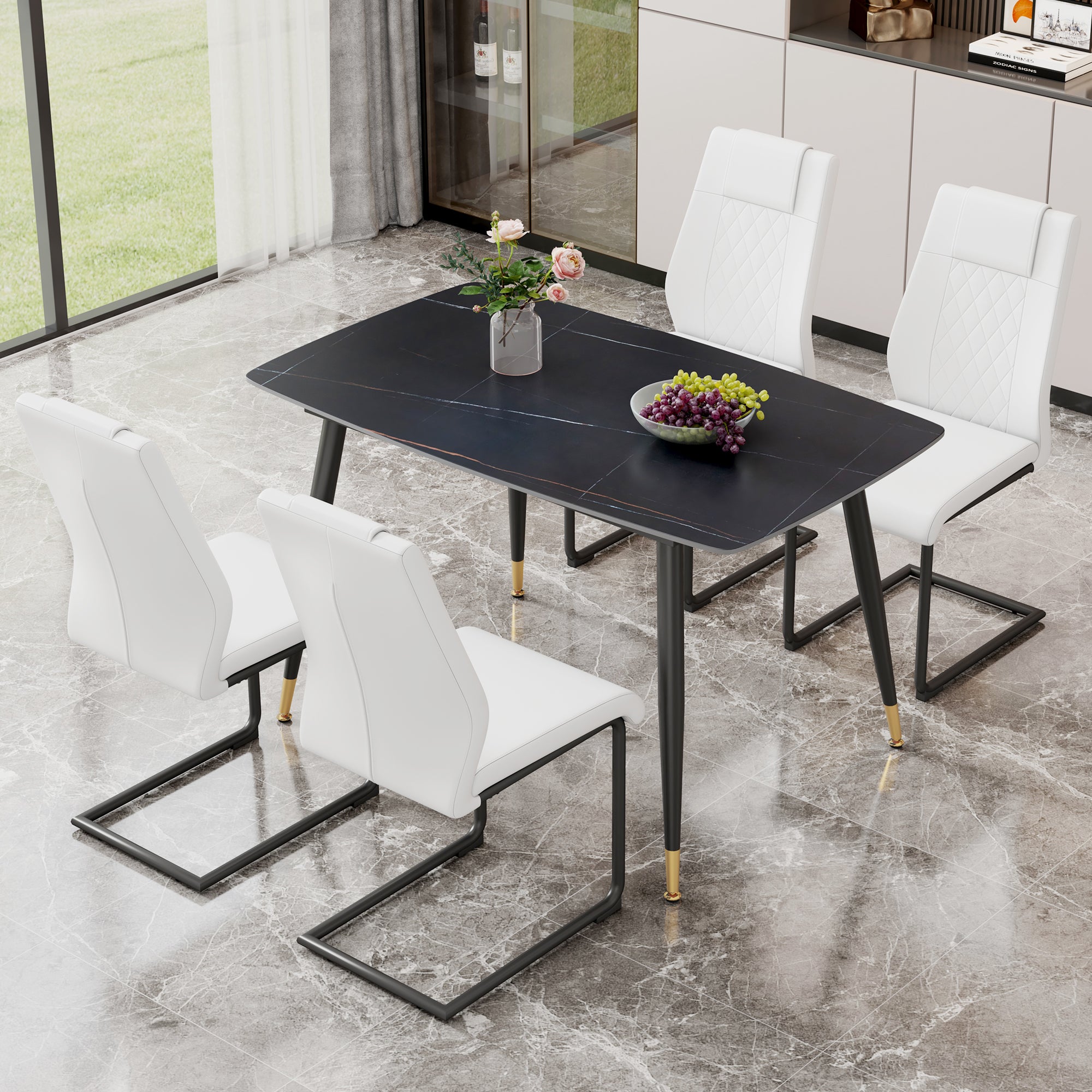 Table And Chair Set. Large Modern Rectangular Table With Black Textured Top And Black Metal Legs. Soft And Comfortable Pu Seats, Faux Leather Upholstered Seats And Sturdy Metal Legs. White Black Seats 4 Sintered Stone