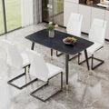 Table And Chair Set. Large Modern Rectangular Table With Black Textured Top And Black Metal Legs. Soft And Comfortable Pu Seats, Faux Leather Upholstered Seats And Sturdy Metal Legs. White Black Seats 4 Sintered Stone