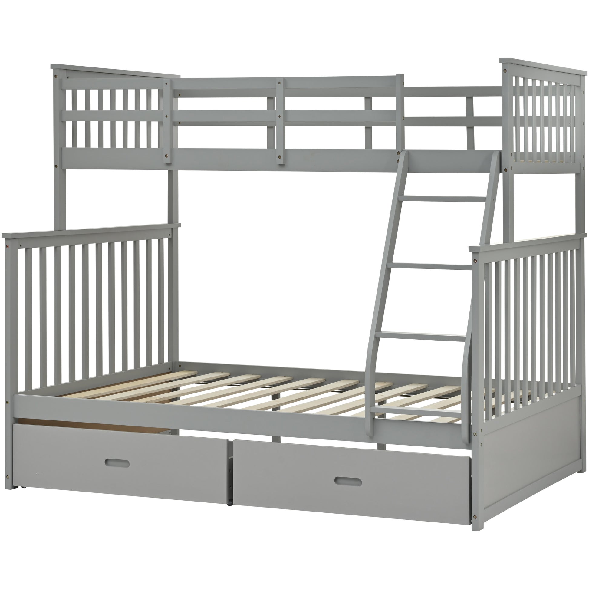Twin Over Full Bunk Bed With Storage Drawers, Wooden Bunk Bed With Ladder And Safety Guard Rails Gray Full Gray Wood