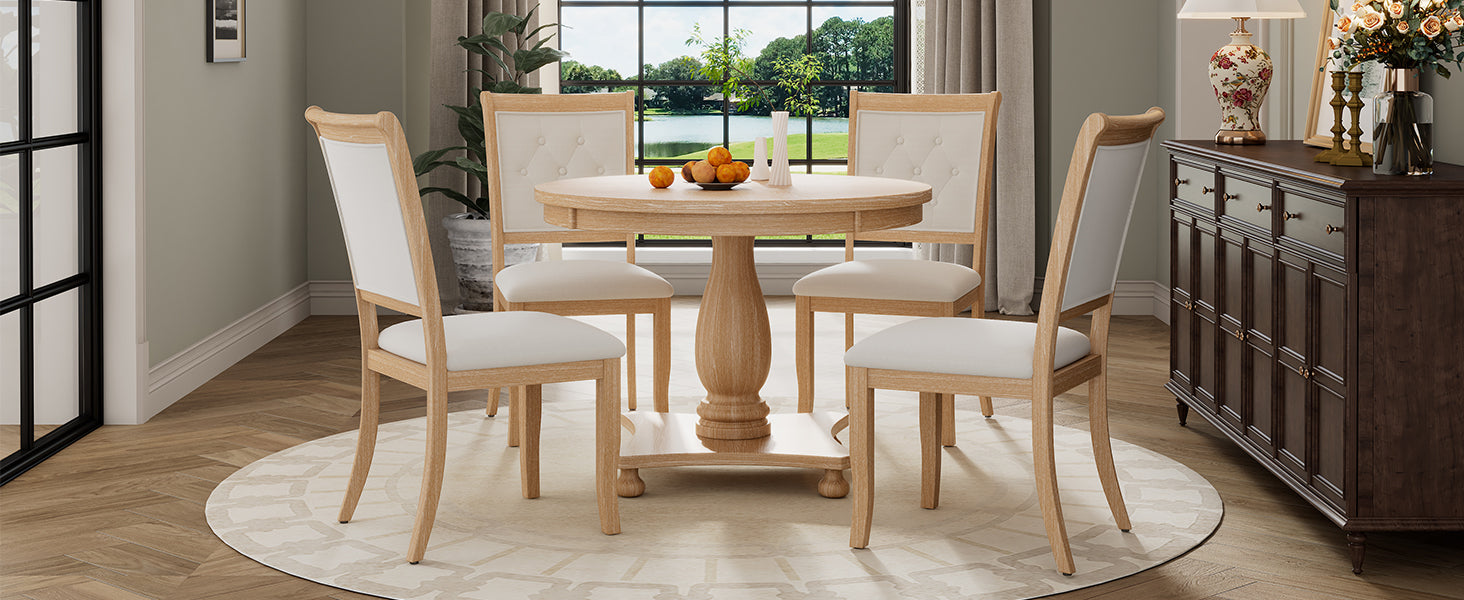 5 Piece Retro Dining Set, Round Table With Pedestal Table Base And 4 Upholstered Chairs For Dining Room And Kitchen Natural Wood Wash Natural Wood Wash Solid Wood Mdf