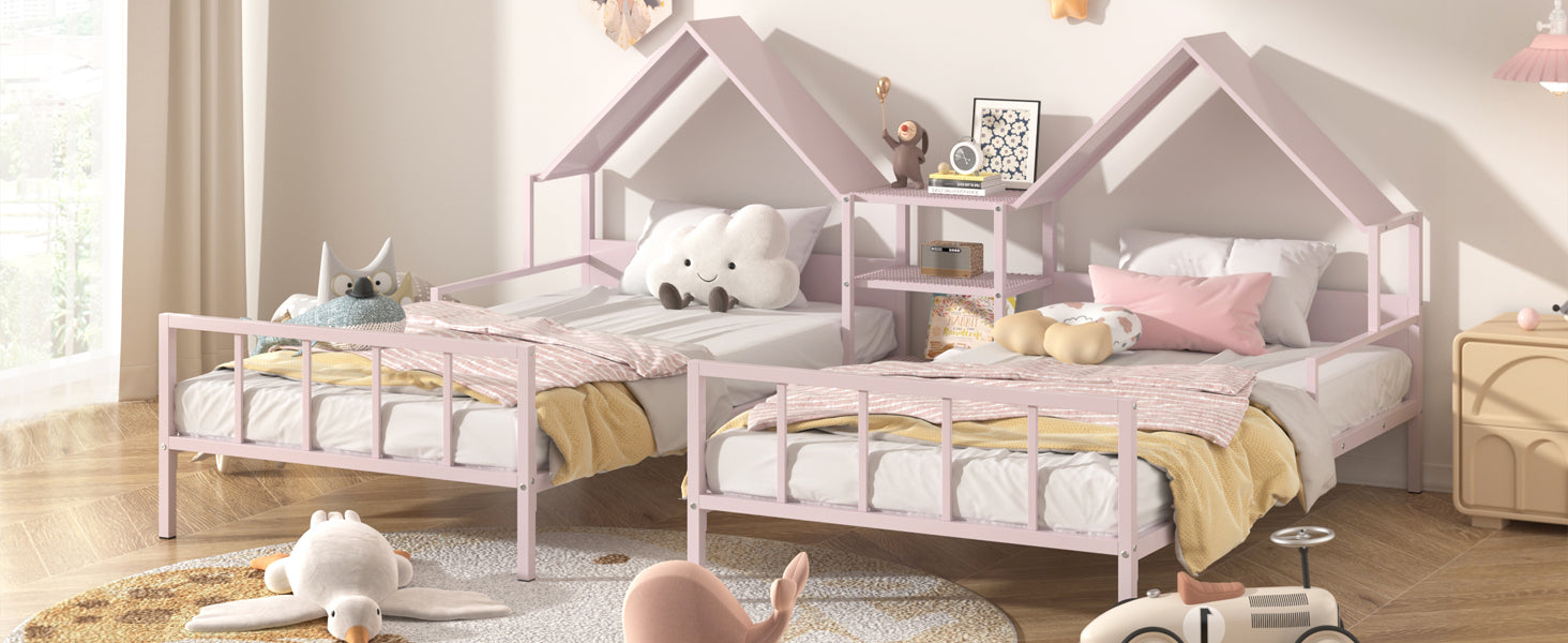 Metal Double Twin Size Platform Bed With House Shaped Headboard And A Built In Nightstand, Pink Box Spring Not Required Twin Pink Metal Metal
