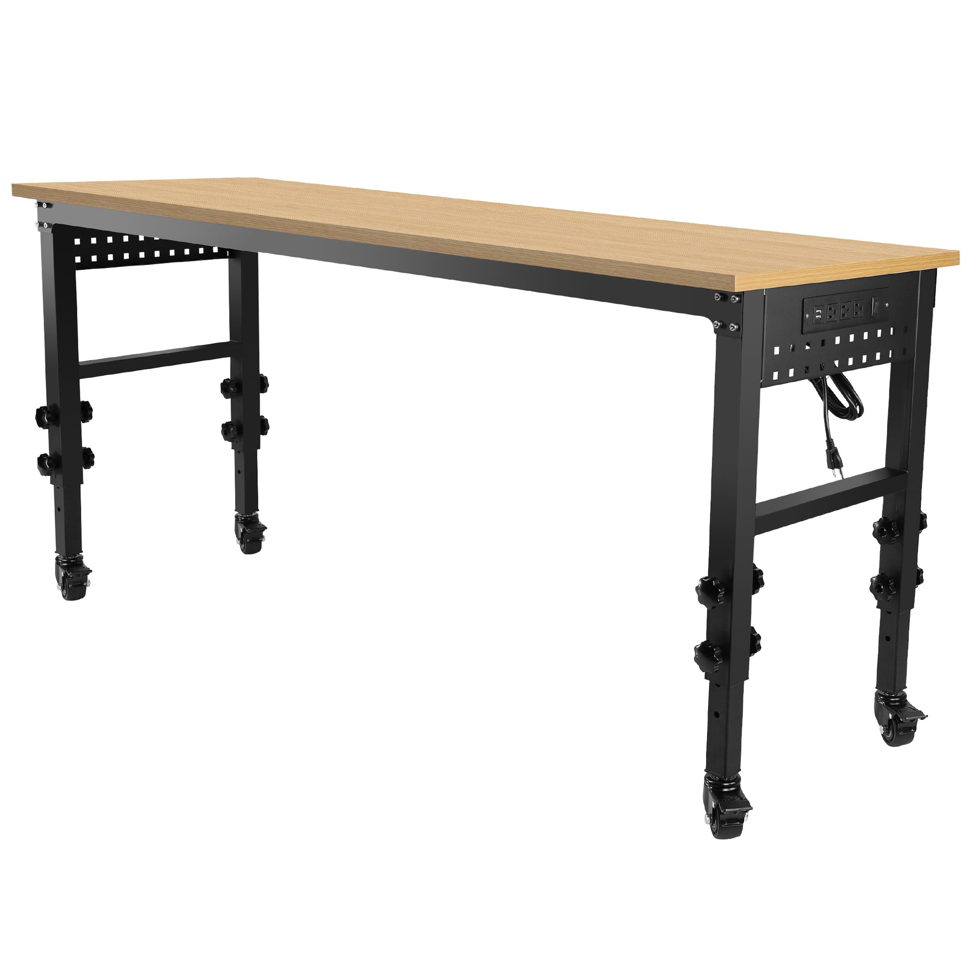 72" 24'' Adjustable Workbench, Rolling Heavy Duty Worktable With Power Outlet And Wheels, Large Load Capacity Rubber Wood Top Workbench For Garage, Office, Workshop, Home, Easy Assembly Black Steel