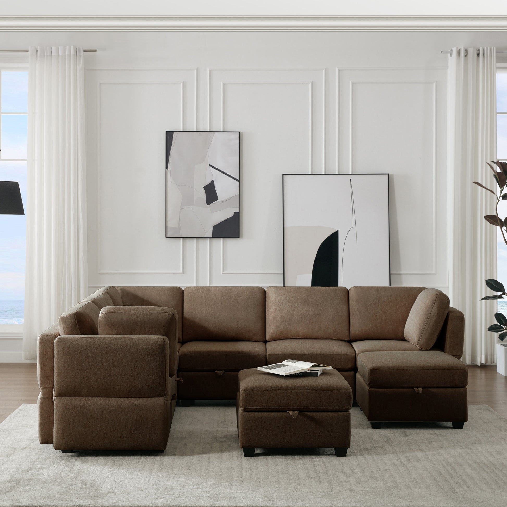 Modular Sectional Sofa With Storage Seat Oversized U Shaped Couch With Reversible Chaise Sofa Set With Ottoman,Ultimate Comfort 6 8 Seater Couches With Adjustable Arms And Backs For Living Room Brown Brown Polyester 6 Seat