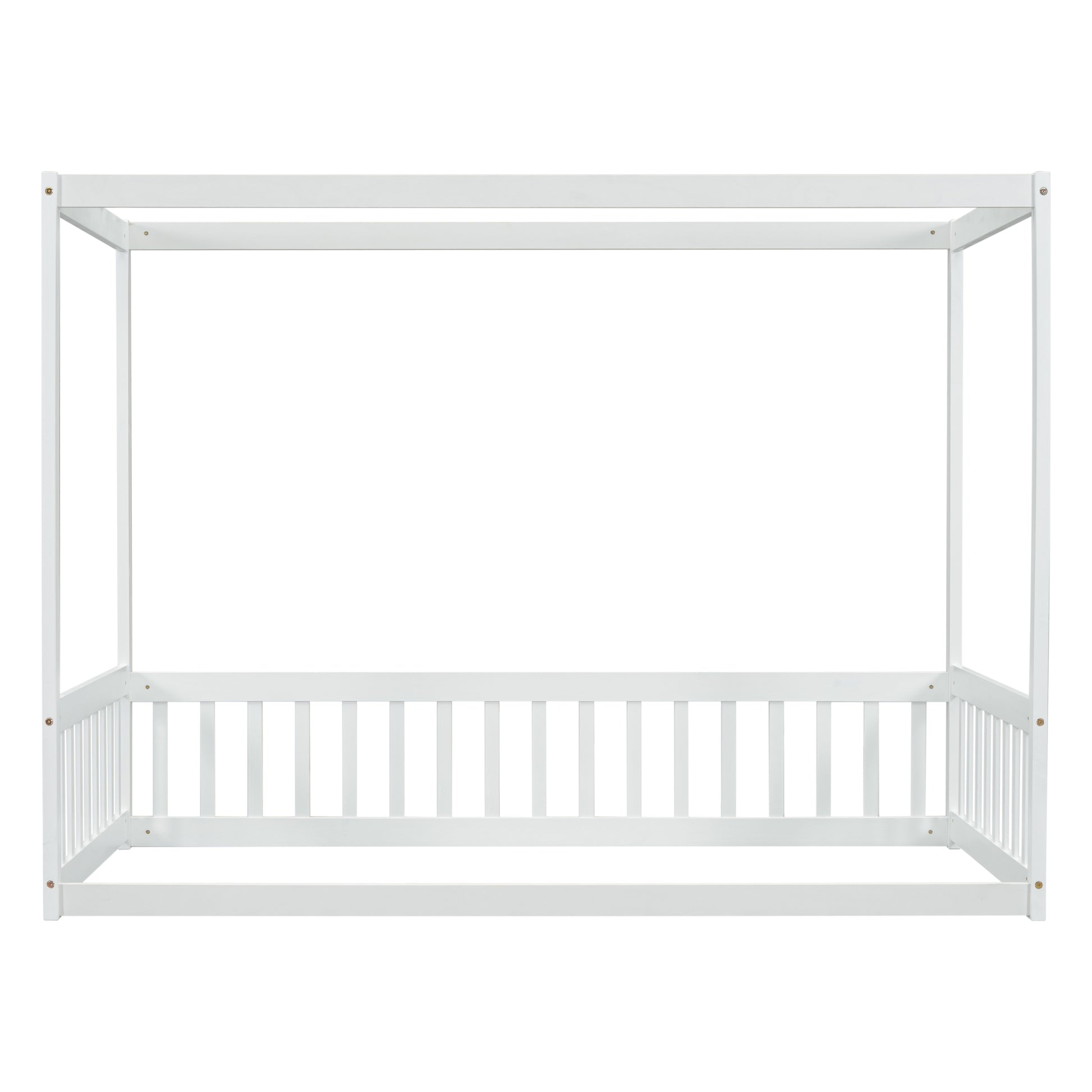 Twin Size Canopy Frame Floor Bed With Fence, Guardrails,White Twin White American Design Pine