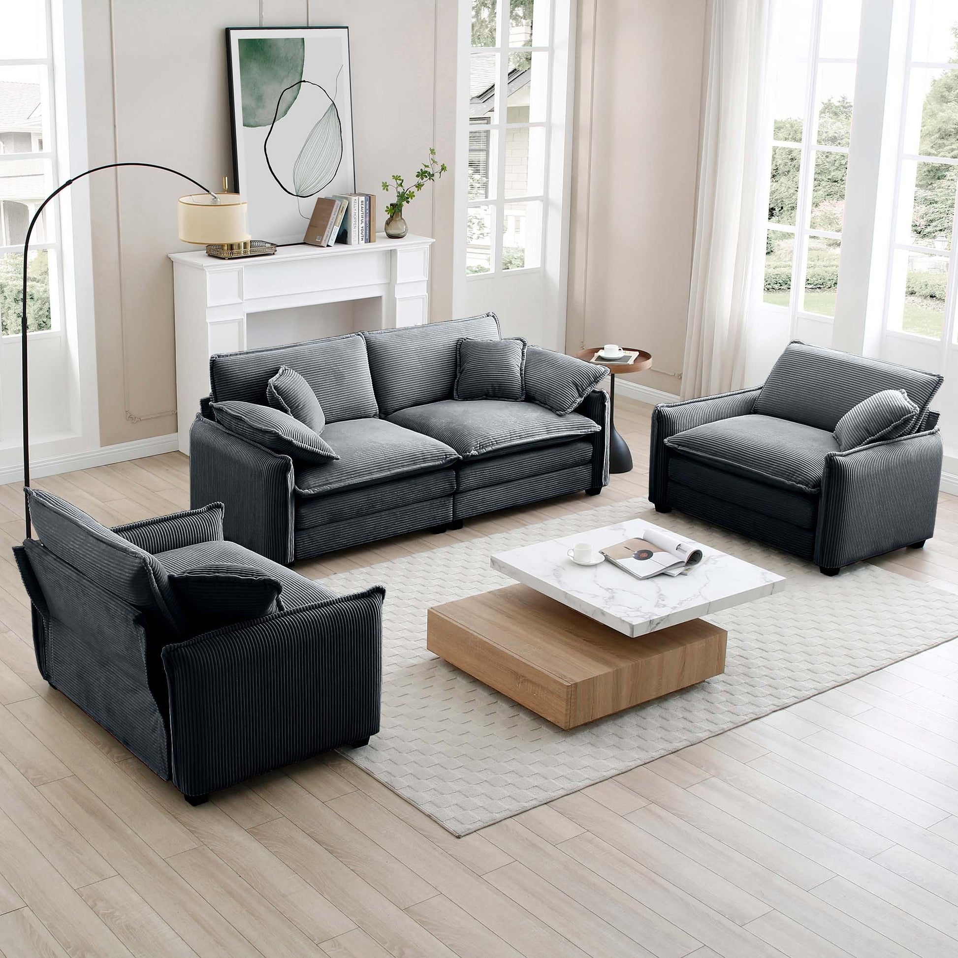 Luxurious And Sophisticated Sofa Set With Soft Cushions And Pillows, Sofa Set For Living Rooms And Clubs As Well As Home Theaters, Consisting Of Two Single Sofas And A 2 Seaters Sofas Ingrey Corduroy Grey Corduroy 4 Seat