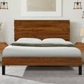 Mid Century Modern Solid Wood Bed Frame King Size Platform Bed With Six Piece Headboard Design, No Box Spring Needed, Brown King Brown Pine