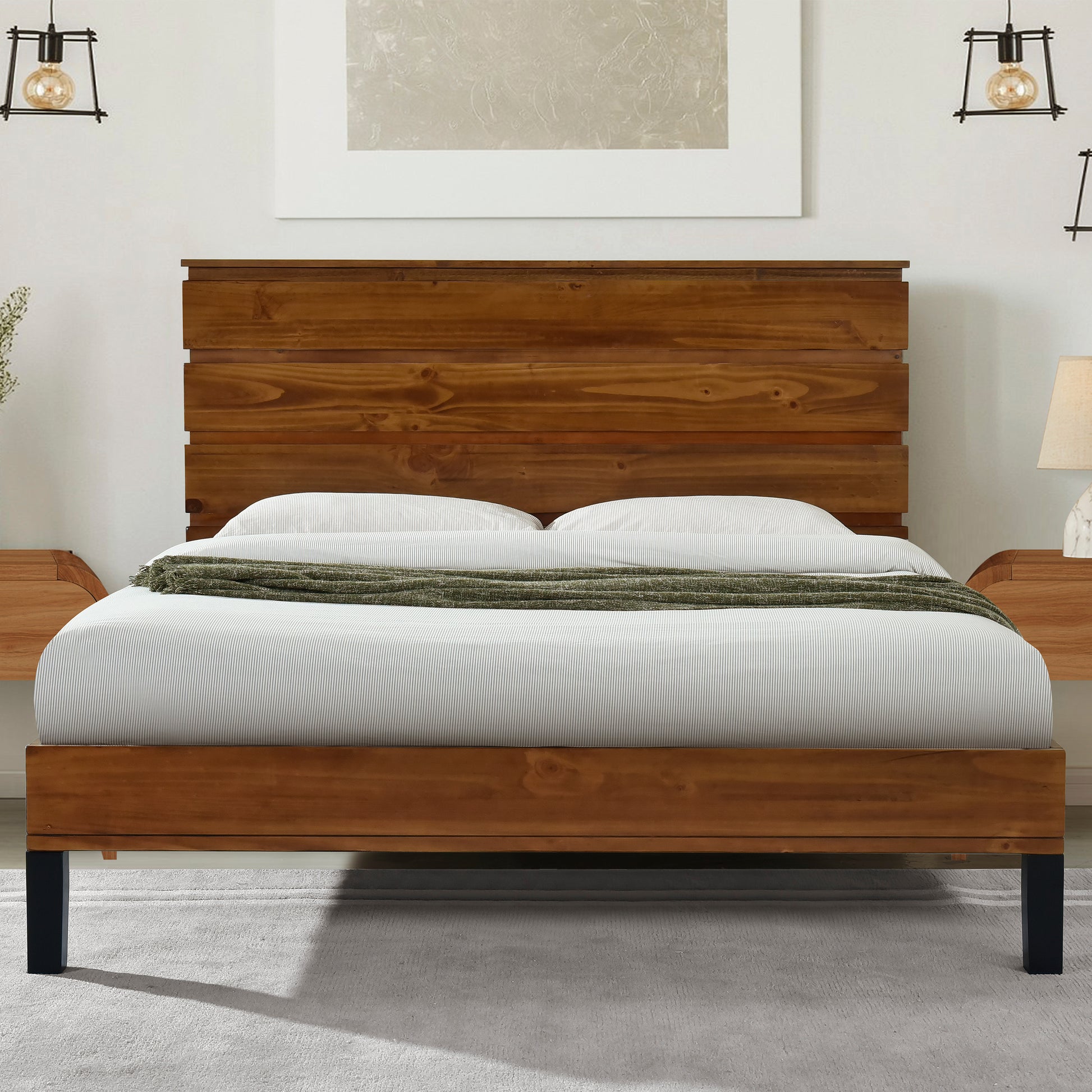 Mid Century Modern Solid Wood Bed Frame King Size Platform Bed With Six Piece Headboard Design, No Box Spring Needed, Brown King Brown Pine