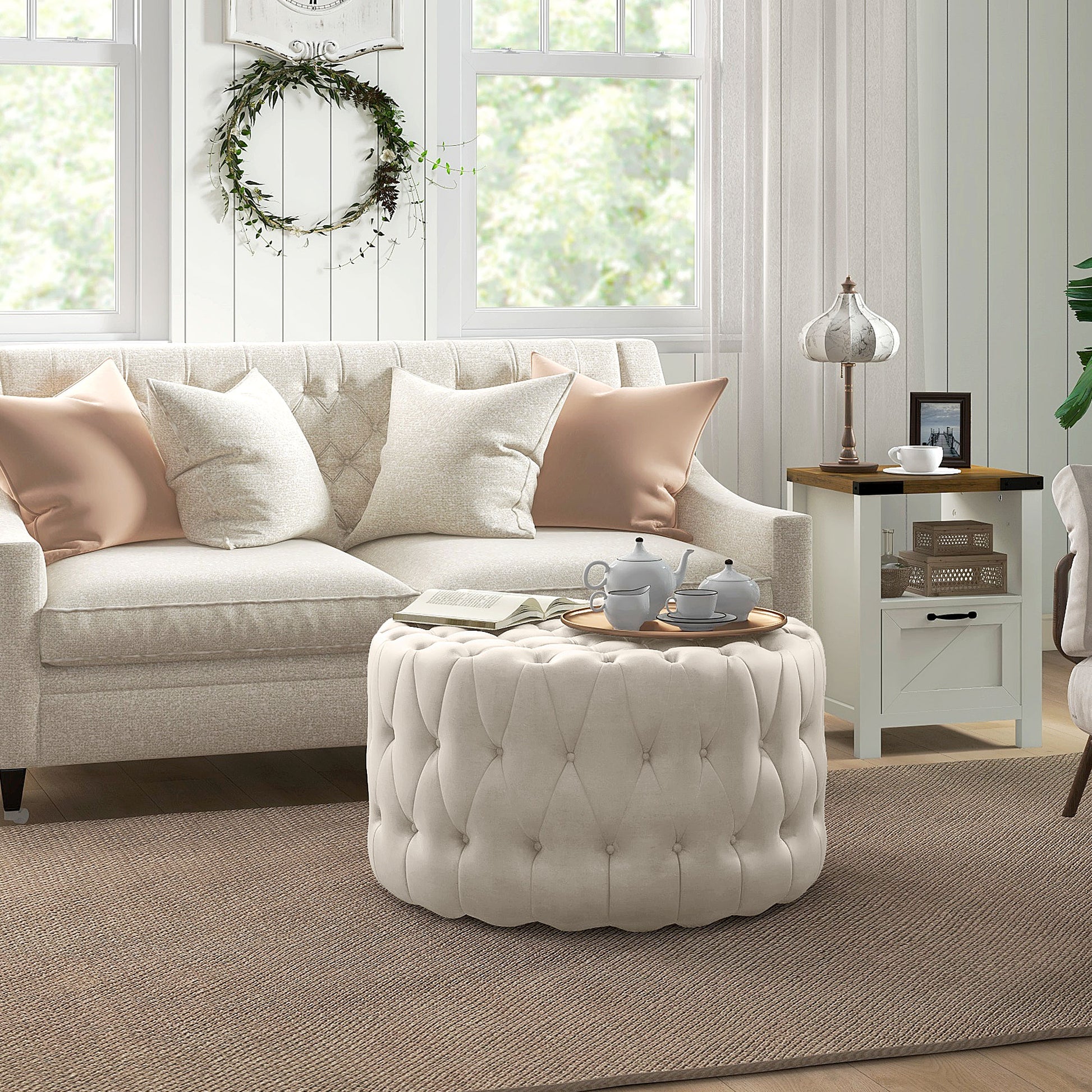 Homcom 31.5" Round Ottoman, Large Velvet Feel Upholstered Foot Stool With Button Tufted Design And Padded Seat For Living Room, Entryway, Beige Beige Polyester