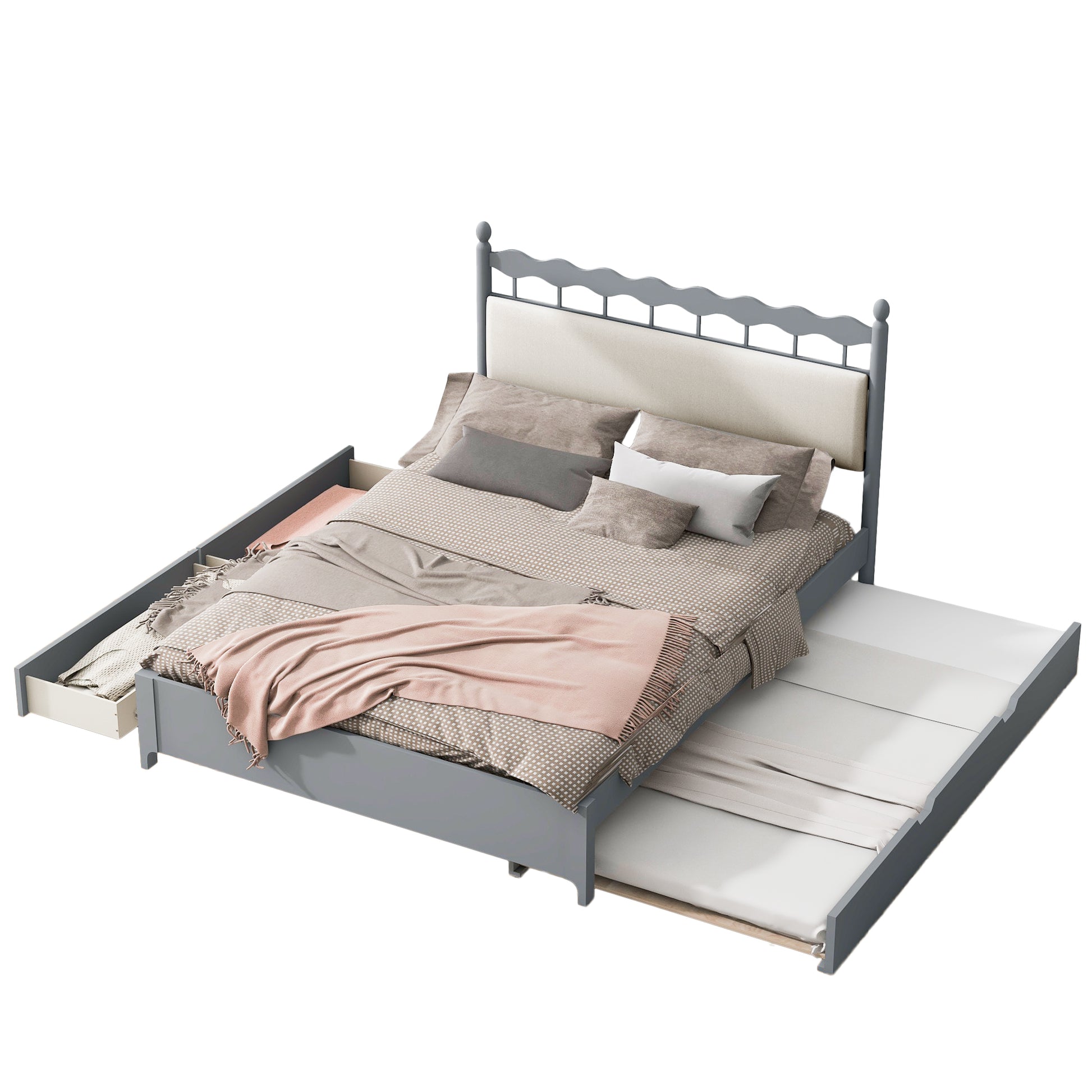 Queen Size Wooden Storage Platform Bed, With 2 Big Drawers, T Size Trundle, Gray Queen Gray Plywood