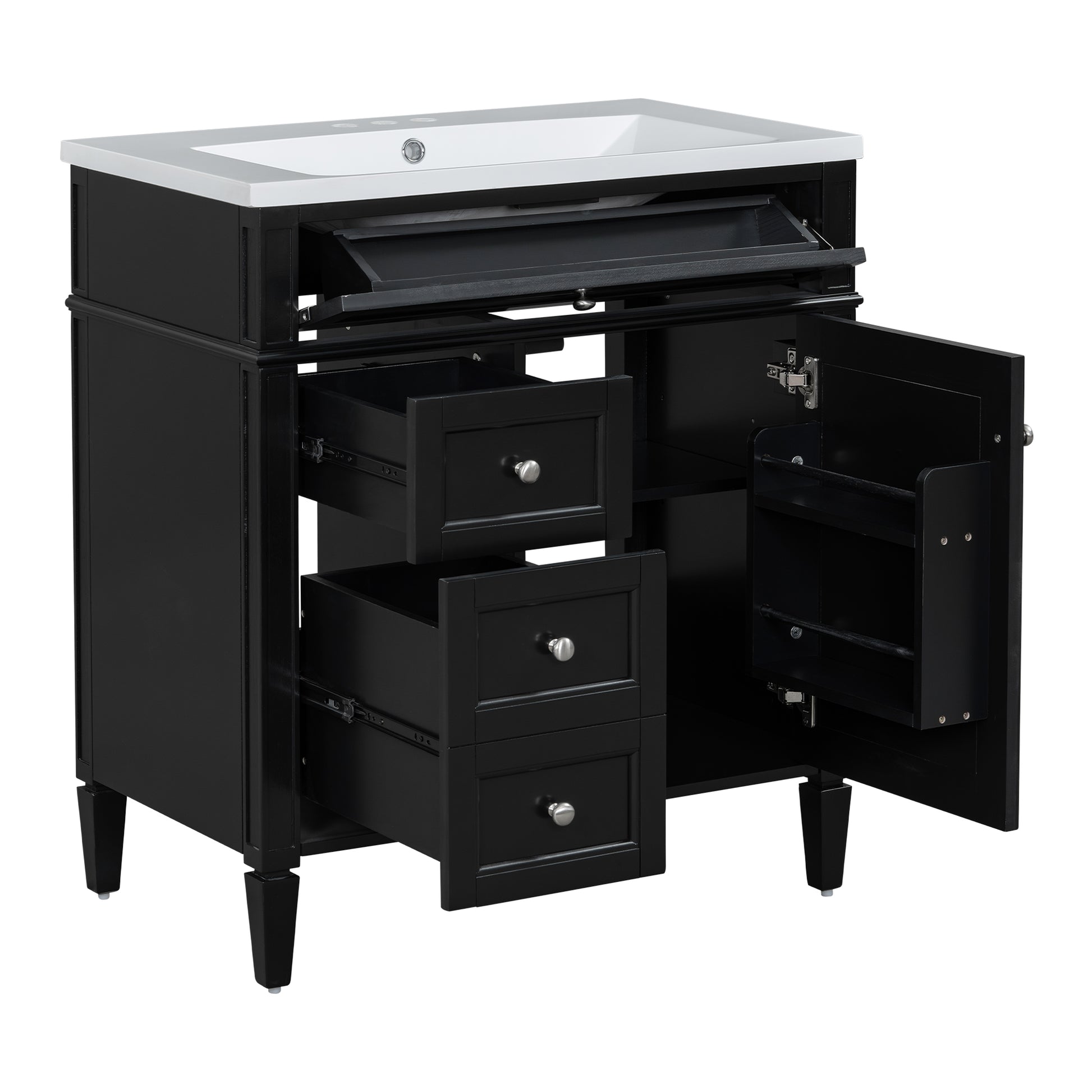 30'' Bathroom Vanity With Top Sink, Modern Bathroom Storage Cabinet With 2 Drawers And A Tip Out Drawer, Single Sink Bathroom Vanity Black Bathroom Solid Wood Mdf
