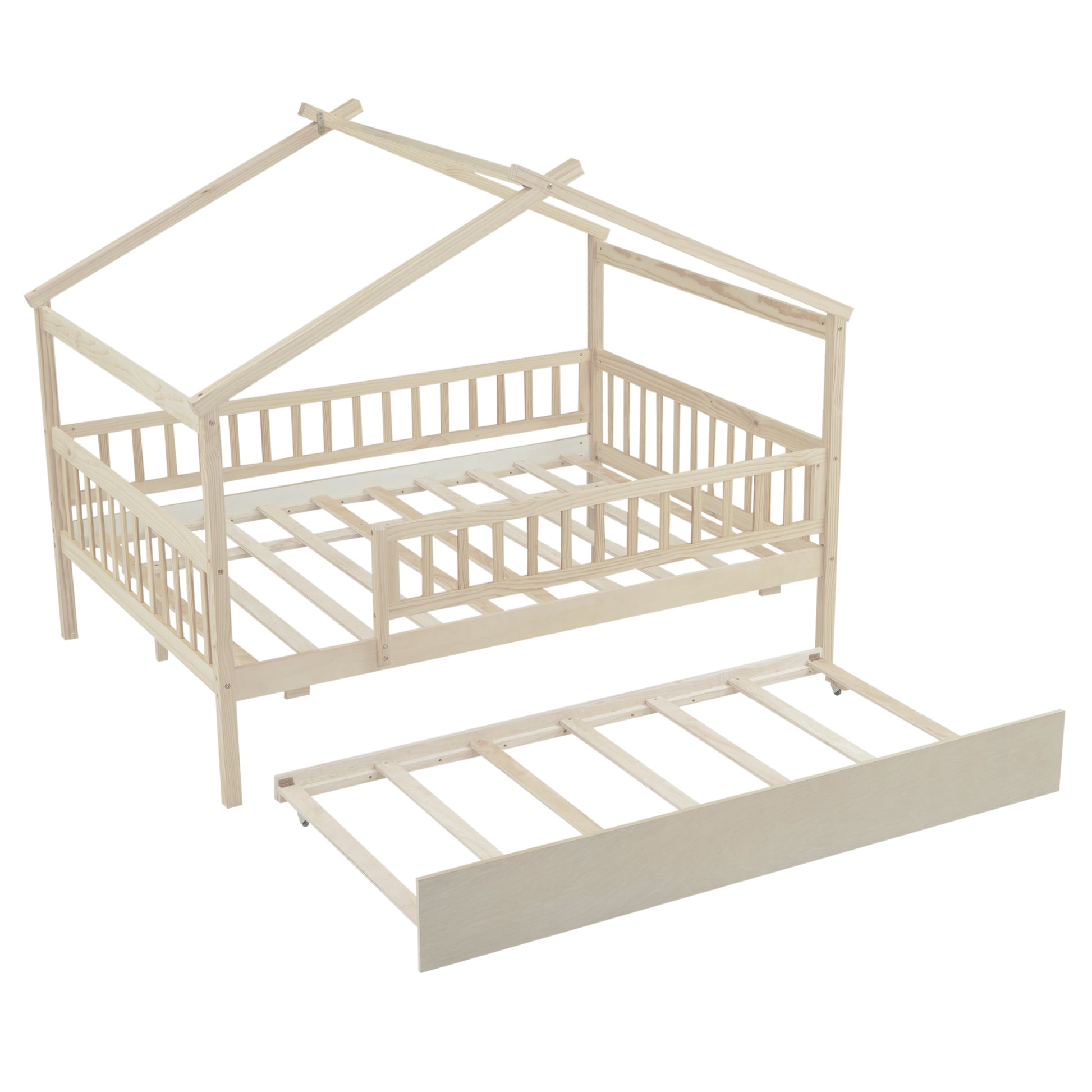 Full Size Wooden House Bed With Twin Size Trundle, Natural Full Natural Solid Wood Mdf
