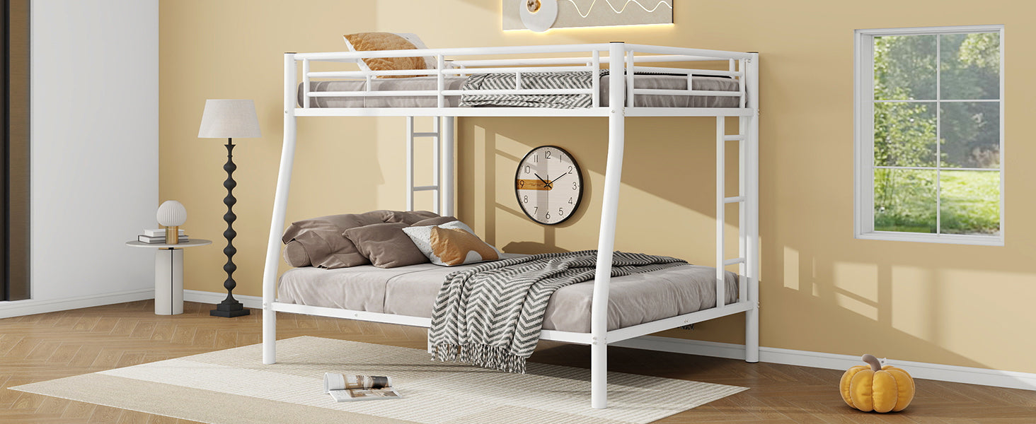 Full Xl Over Queen Metal Bunk Bed With Ladder And Guardrails, White Box Spring Not Required Full Xl White Metal Metal