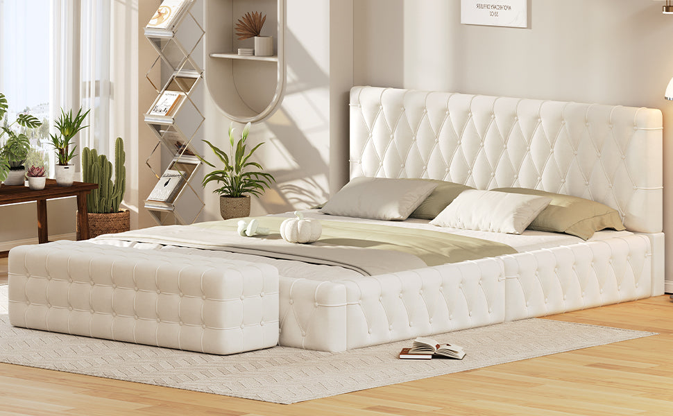 2 Pieces Bedroom Sets Queen Size Upholstered Bed With Rectangular Upholstered Ottoman For Bedroom,White Queen White 2 Piece Set Solid Wood Mdf