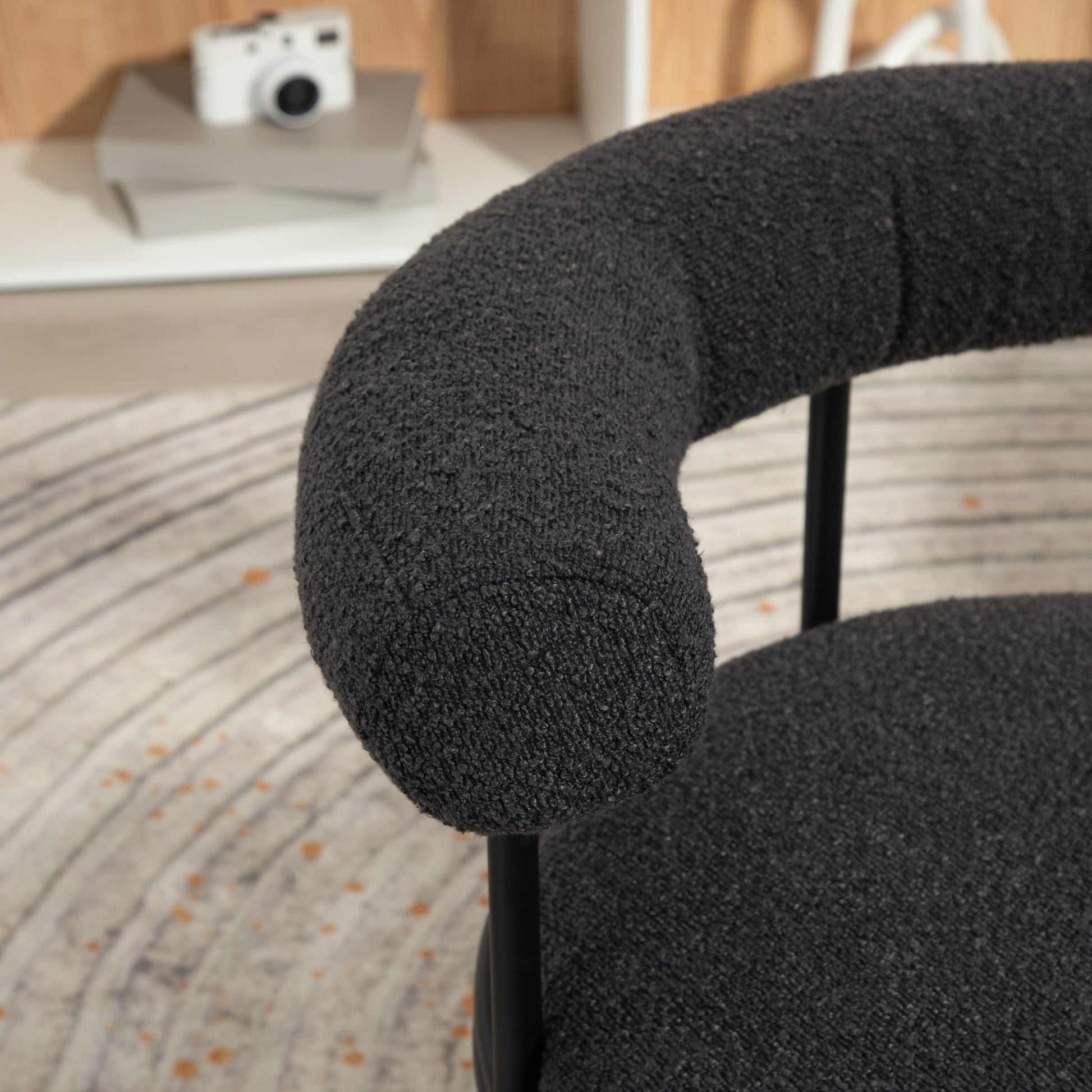 Coolmore Boucle Dining Chairs Set Of 2, Mid Century Modern Curved Backrest Chair, Round Upholstered Kitchen Chairs Carbon Black Boucle Carbon Black Foam Mdf Metal