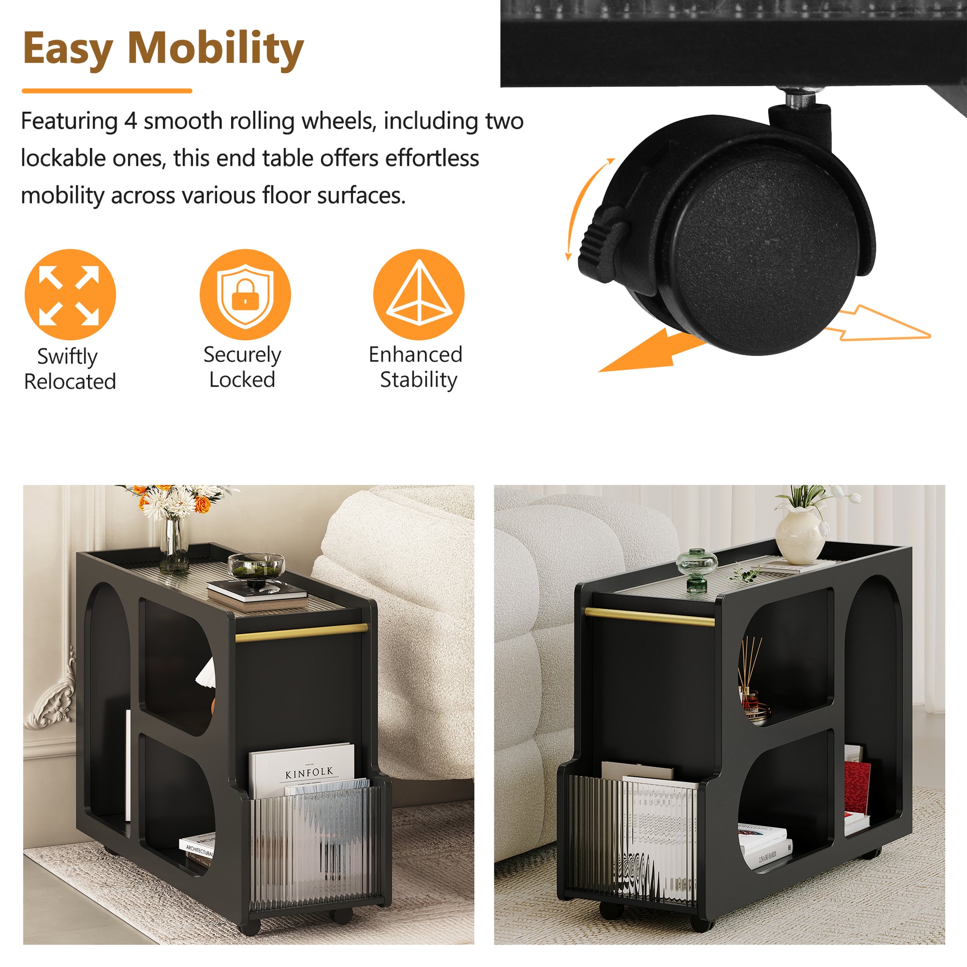 Mobile End Table With Lockable Wheels, Narrow Coffee Table With 5Mm Thick Fluted Tempered Glass, Modern Nightstand With Golden Round Rod, Living Room, Black, 31.5''W X11.8''D X 23.1''H Black Primary Living Space Mdf