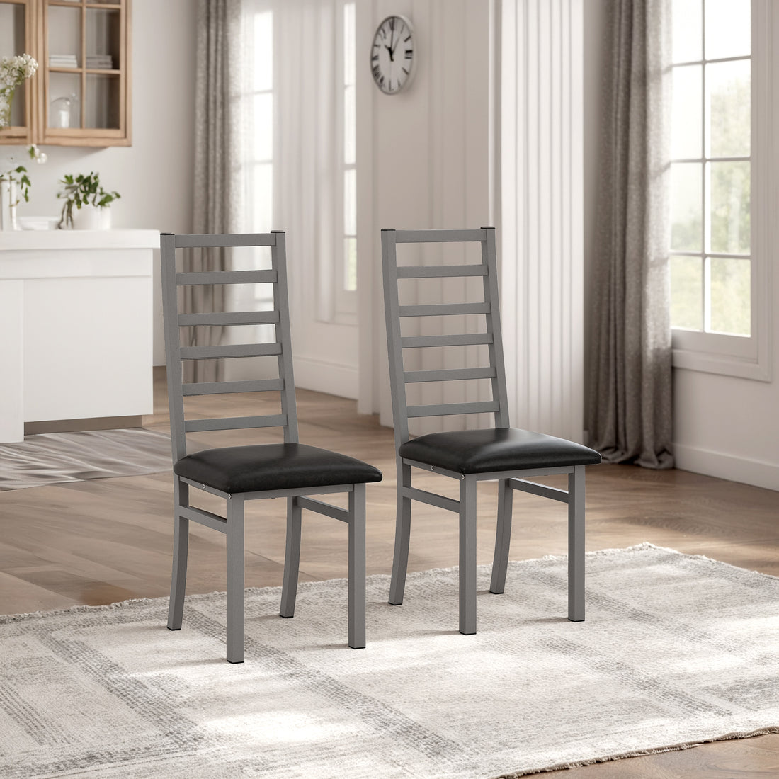 Metal Dining Chairs Set Of 2, Steel Legs And Pu Leather Seats, High Back Armless Dining Chairs, For Kitchen, Living Room, Grey Grey Steel