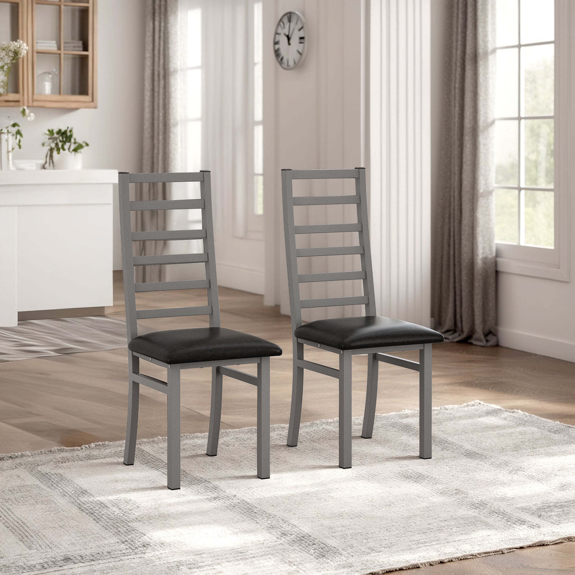 Metal Dining Chairs Set Of 2, Steel Legs And Pu Leather Seats, High Back Armless Dining Chairs, For Kitchen, Living Room, Grey Grey Steel
