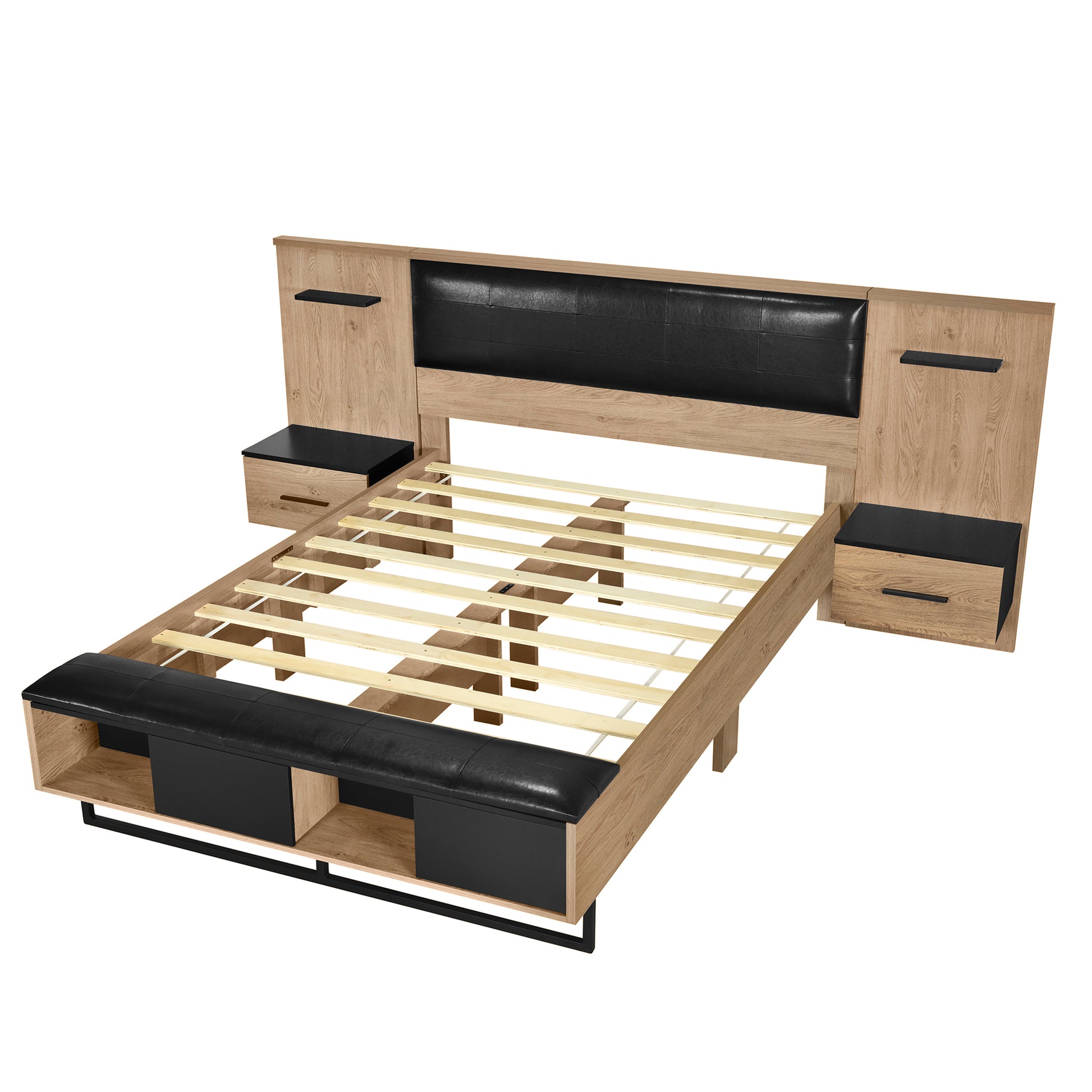 Queen Size Wood Platform Bed With Upholstered Headboard, Lights And Storage Nightstand, Bench, Walnut Box Spring Not Required Queen Walnut Wood Bedroom Bed Frame Faux Leather Solid Wood Mdf