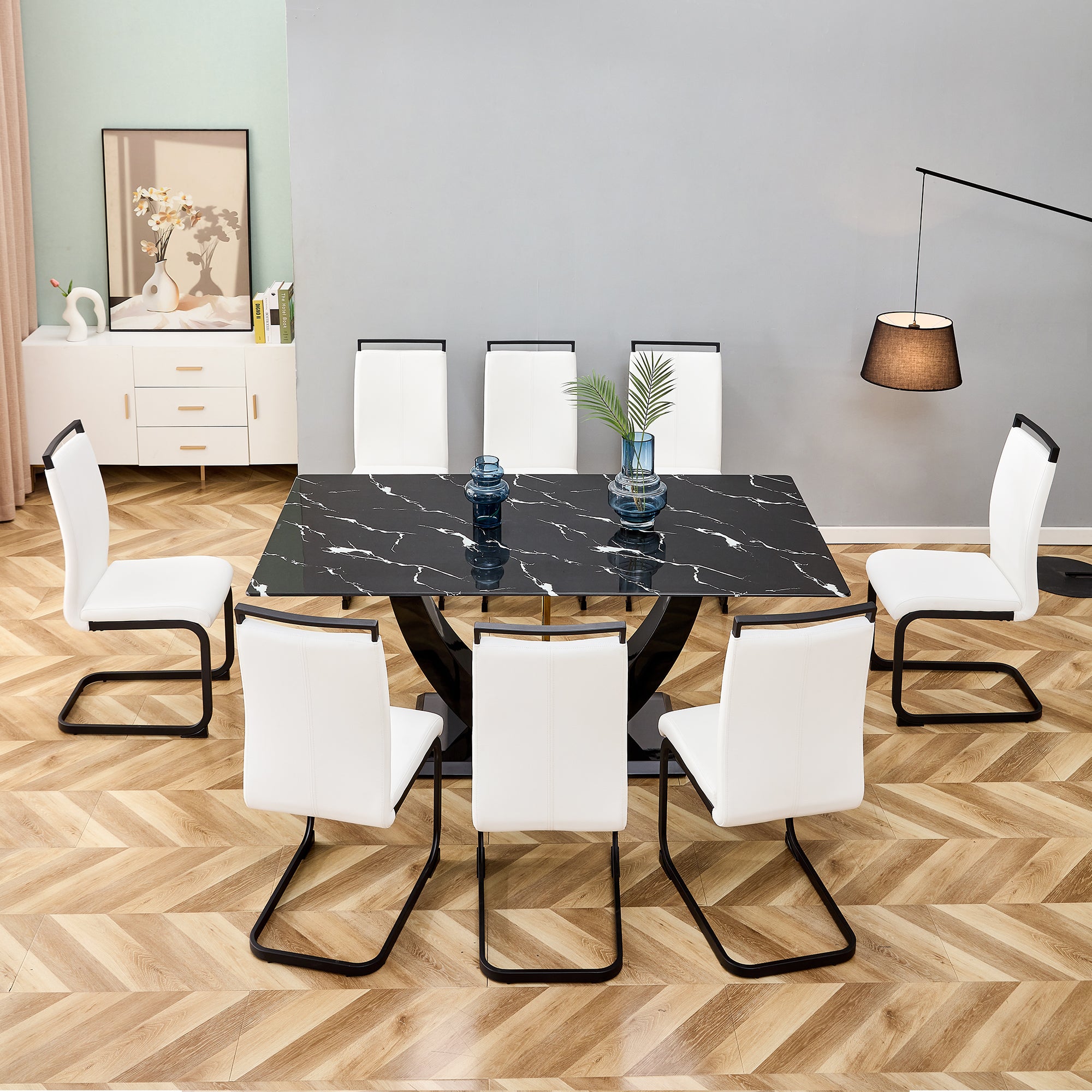 Table And Chair Set, Modern Dining Table, Patterned Table Top And Black Mdf Table Legs, Soft And Comfortable Dining Chair, Perfect For Dinner, Meetings, Home And Office Decor White Black Mdf Glass