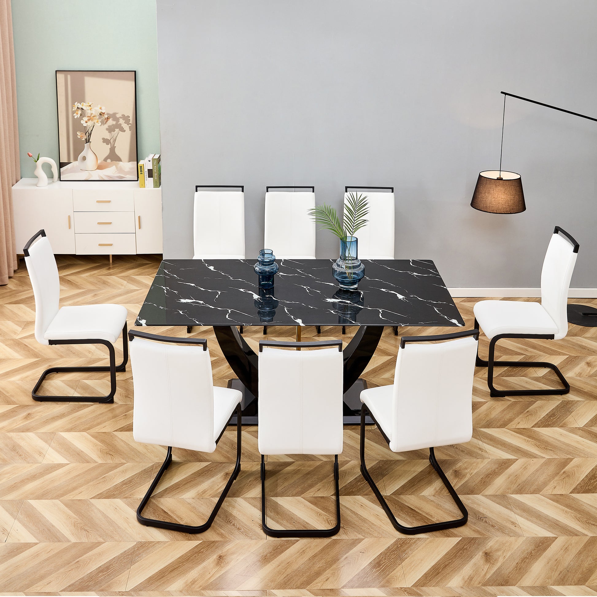 Table And Chair Set, Modern Dining Table, Patterned Table Top And Black Mdf Table Legs, Soft And Comfortable Dining Chair, Perfect For Dinner, Meetings, Home And Office Decor White Black Mdf Glass