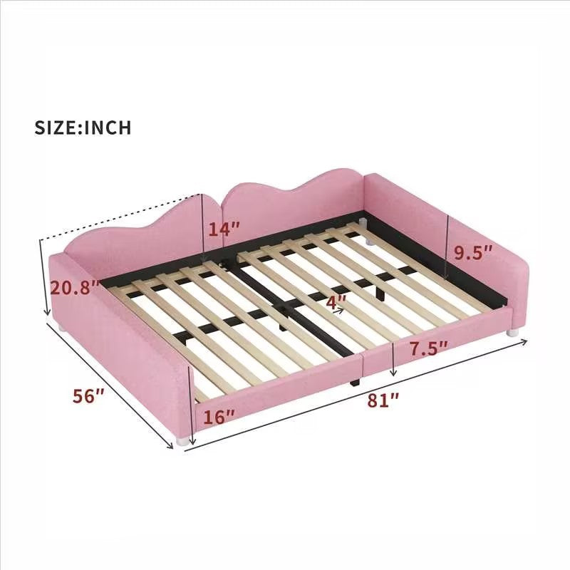 Full Size Upholstered Daybed, Sherpa Fabric Sofabed With Cloud Shaped Backrest, No Box Spring Needed, Pink Full Pink Wood Fabric