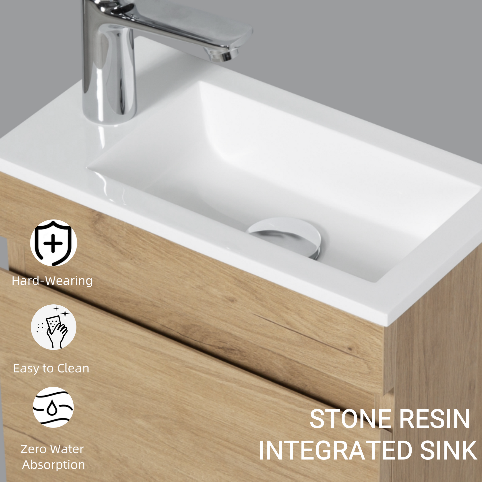 16" Floating Bathroom Vanity With Sink, Wall Mounted Small Bathroom Storage Vanity Cabinet With Resin Top Basin And Soft Close Doors, Natural Oak 24V11 16No Oak Plywood
