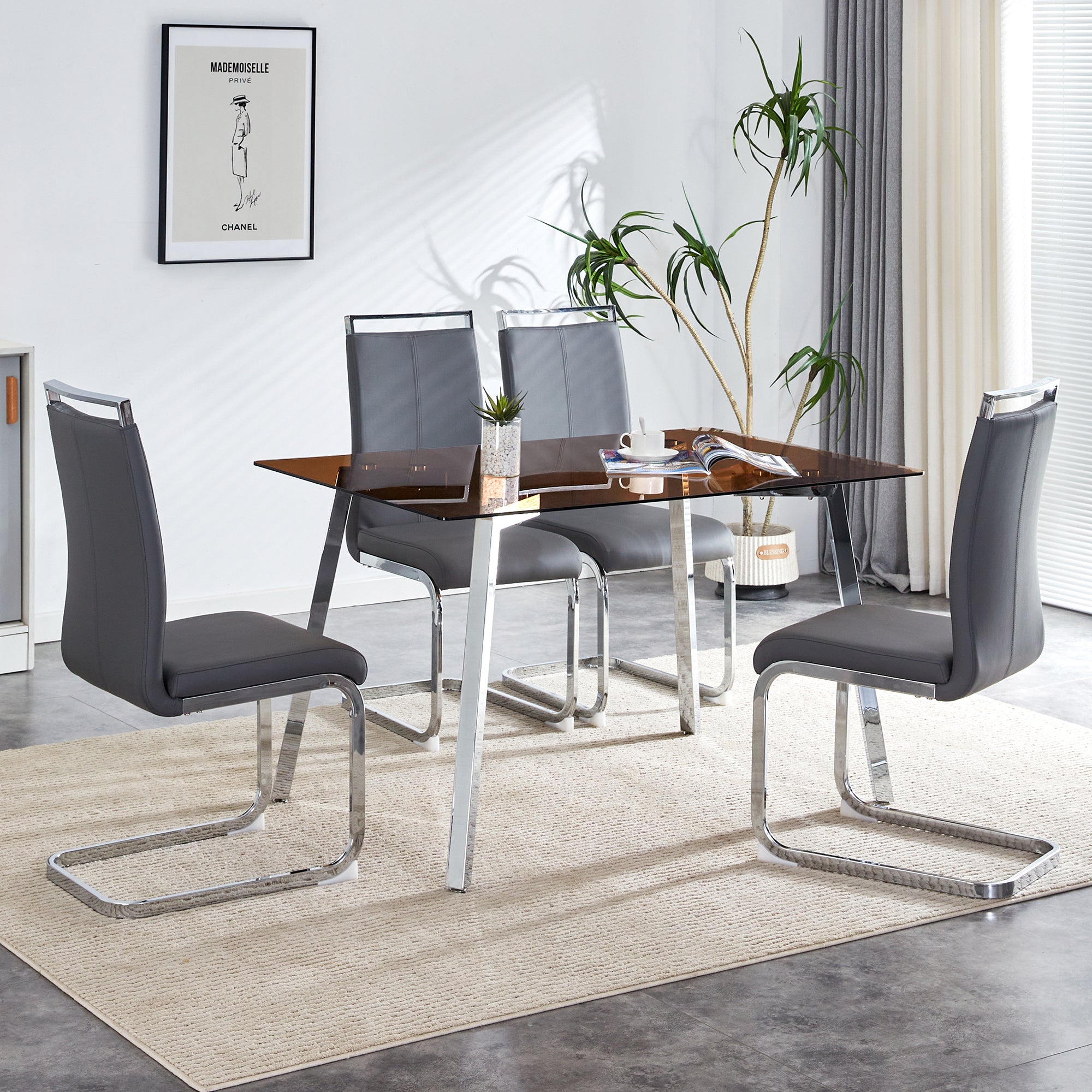 1 Table And 4 Chairs, Brown Tempered Glass Tabletop And Silver Metal Legs, Modern Minimalist Style Rectangular Glass Dining Table, Paired With 4 Modern Silver Metal Leg Chairs. 1123C 1162 Brown Seats 4 Glass