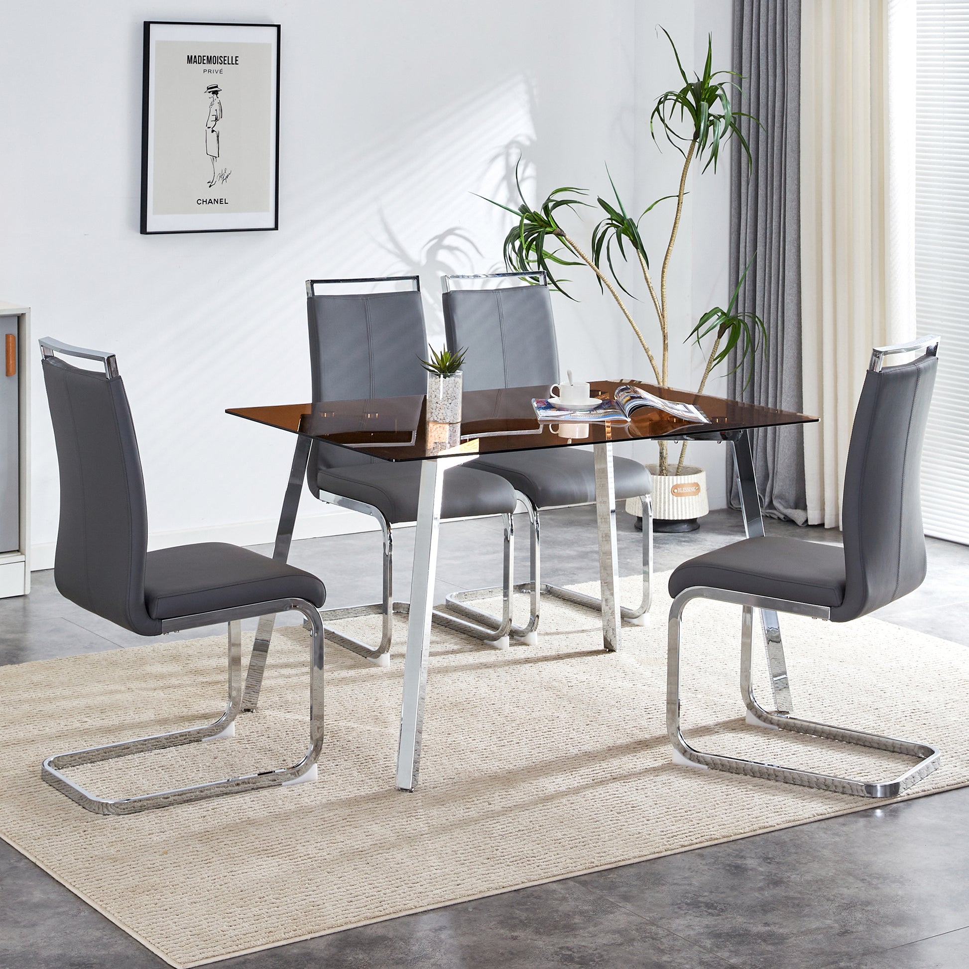 1 Table And 4 Chairs, Brown Tempered Glass Tabletop And Silver Metal Legs, Modern Minimalist Style Rectangular Glass Dining Table, Paired With 4 Modern Silver Metal Leg Chairs. 1123C 1162 Brown Seats 4 Glass