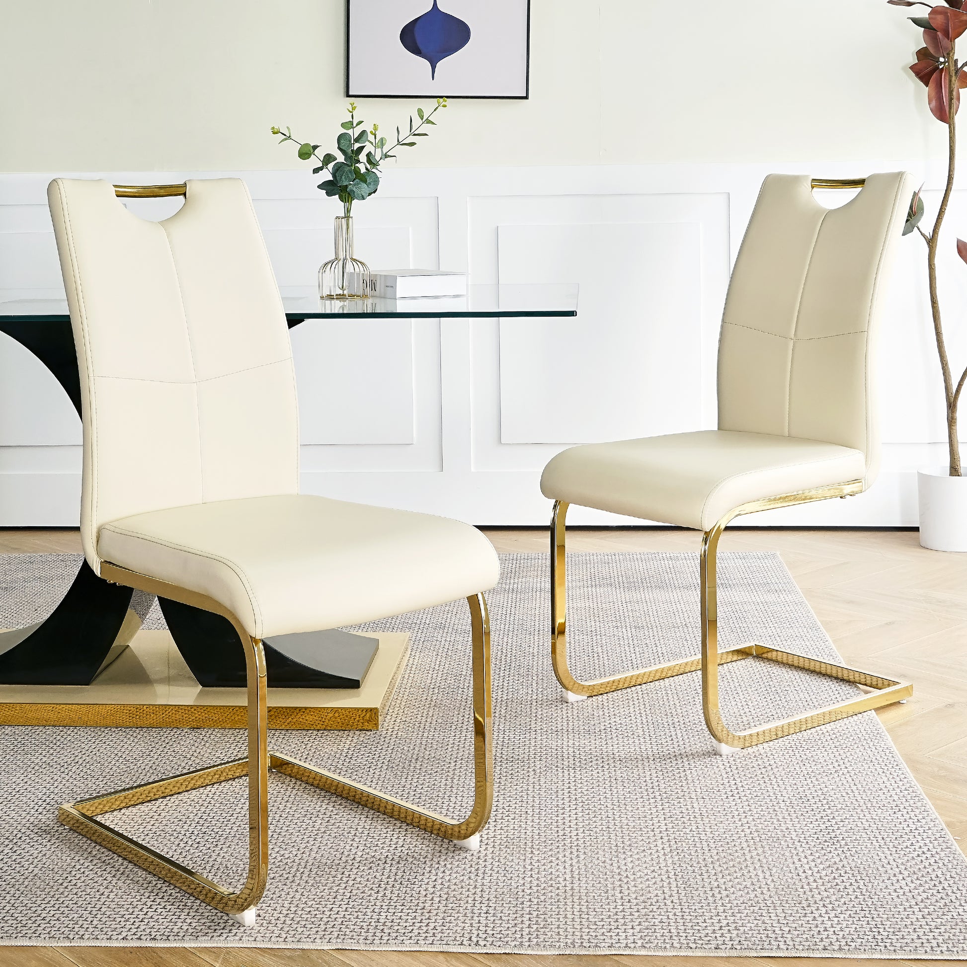 Modern Style Glass Dining Table With Elegant Transparent Design, Solid Support Base, Pale Yellow Dining Chair Set With Gold Plated Legs, Suitable For Restaurant Kitchens Set Of 7 Yellow Glass