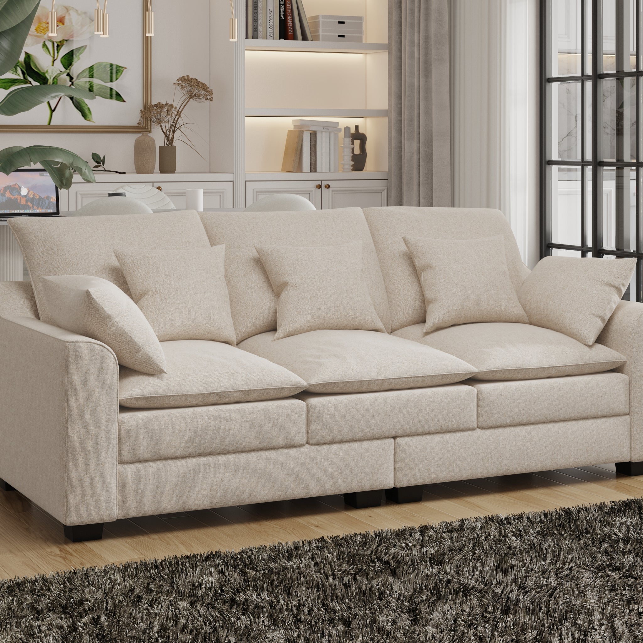 78.7" Sofa Couch 3 Seater Sofa With Pillows Polyester Upholstery Duck Down Filled Cushion Sofa For Living Room Apartment,Beige Beige Polyester Wood Primary Living Space Soft Cushion Back Foam Polyester 3 Seat