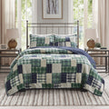 3 Piece Reversible Printed Quilt Set Green Navy Full Queen Green Navy Microfiber