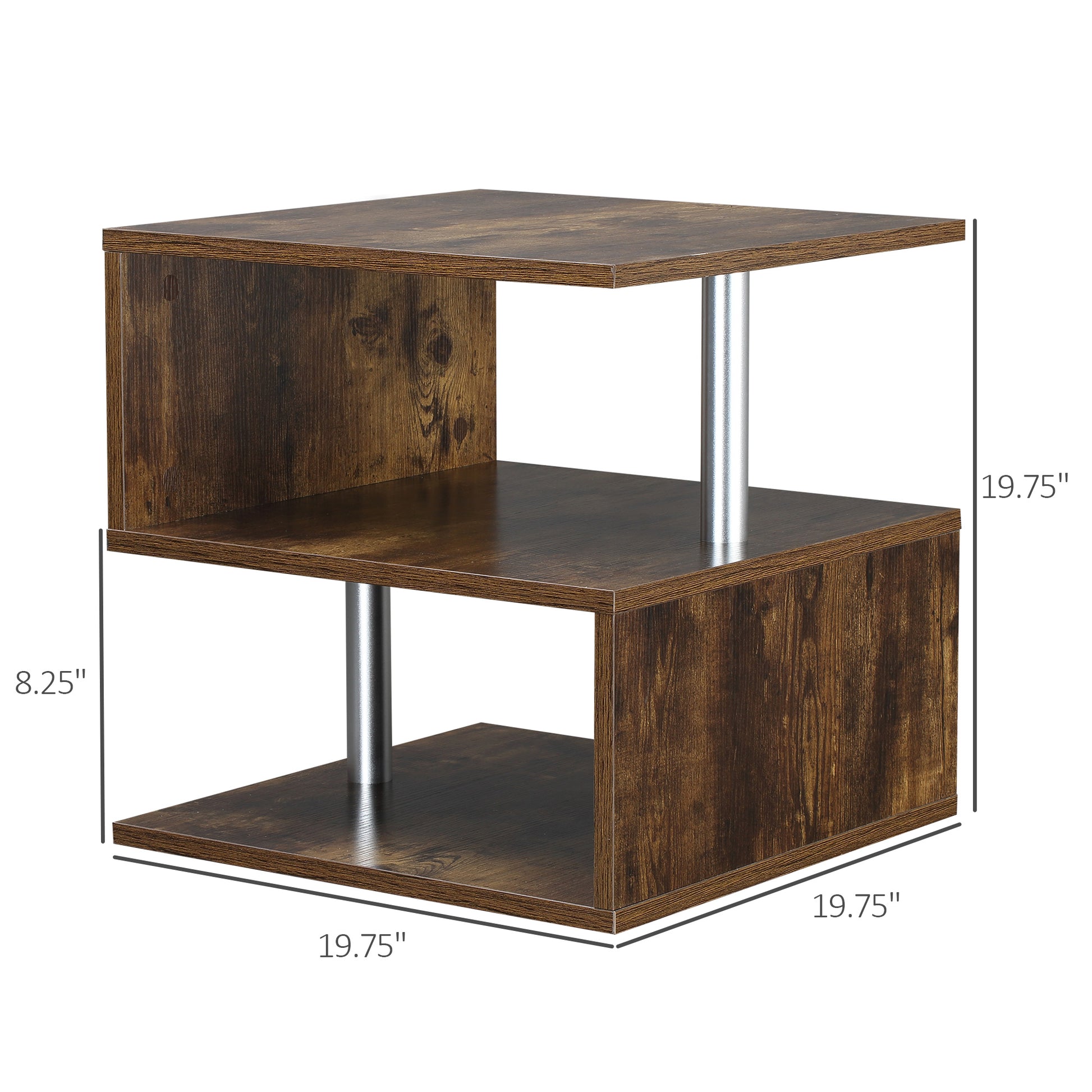 Homcom 20" Modern End Table, Accent Side Table, S Shaped Coffee Table With Storage Shelf And Steel Poles, Rustic Brown Rustic Brown Particle Board