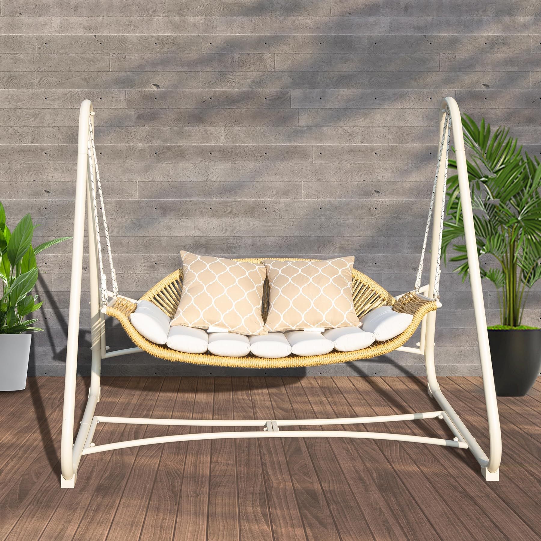 Outdoor Patio Porch Swing, 2 Seat Hanging Swing Chair With Thickened Cushions And Pillow, Rattan Porch Swing Chair Outdoor Hammock Chair For Porch, Backyard, Garden Yes White Garden & Outdoor 2 Person Seating Group Steel