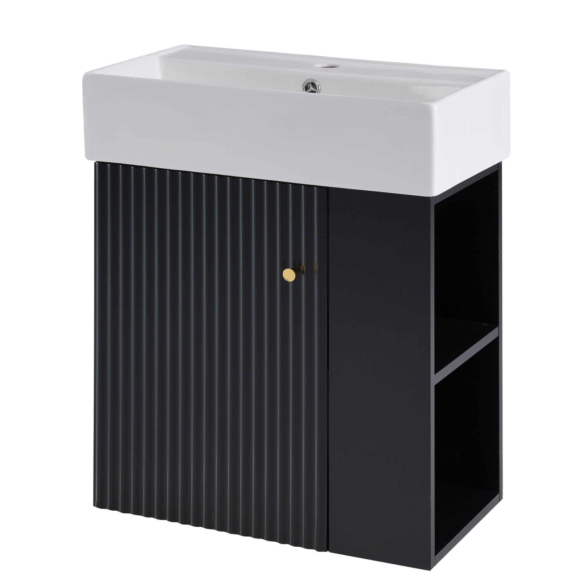 Video 21.6 Inch Modern Floating Bathroom Vanity With Ceramic Basin Perfect For Small Bathrooms, Right Side Storage Black Bathroom Ceramic Mdf