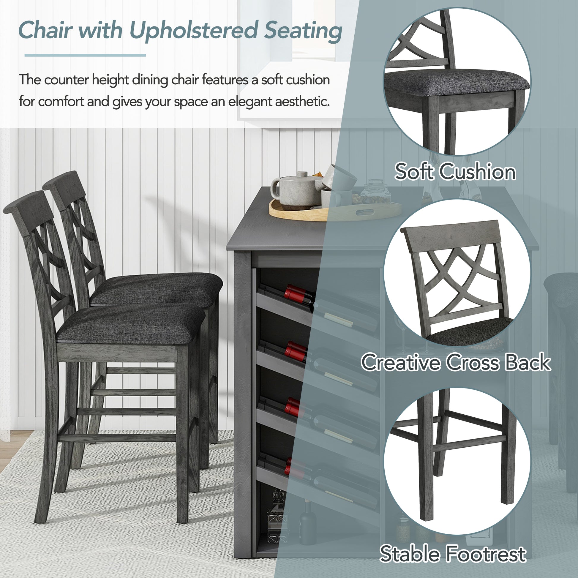 Updated Counter Height 5 Piece Solid Wood Dining Table Set, 59*35.4Inch Table With Curved Wine Rack And 4 Upholstered Chairs, Grey Wood Dining Room Solid Wood Rubberwood Rectangular Dining Table With Chair Wood Wood Grey Solid Back Seats 4 Farmhouse 4