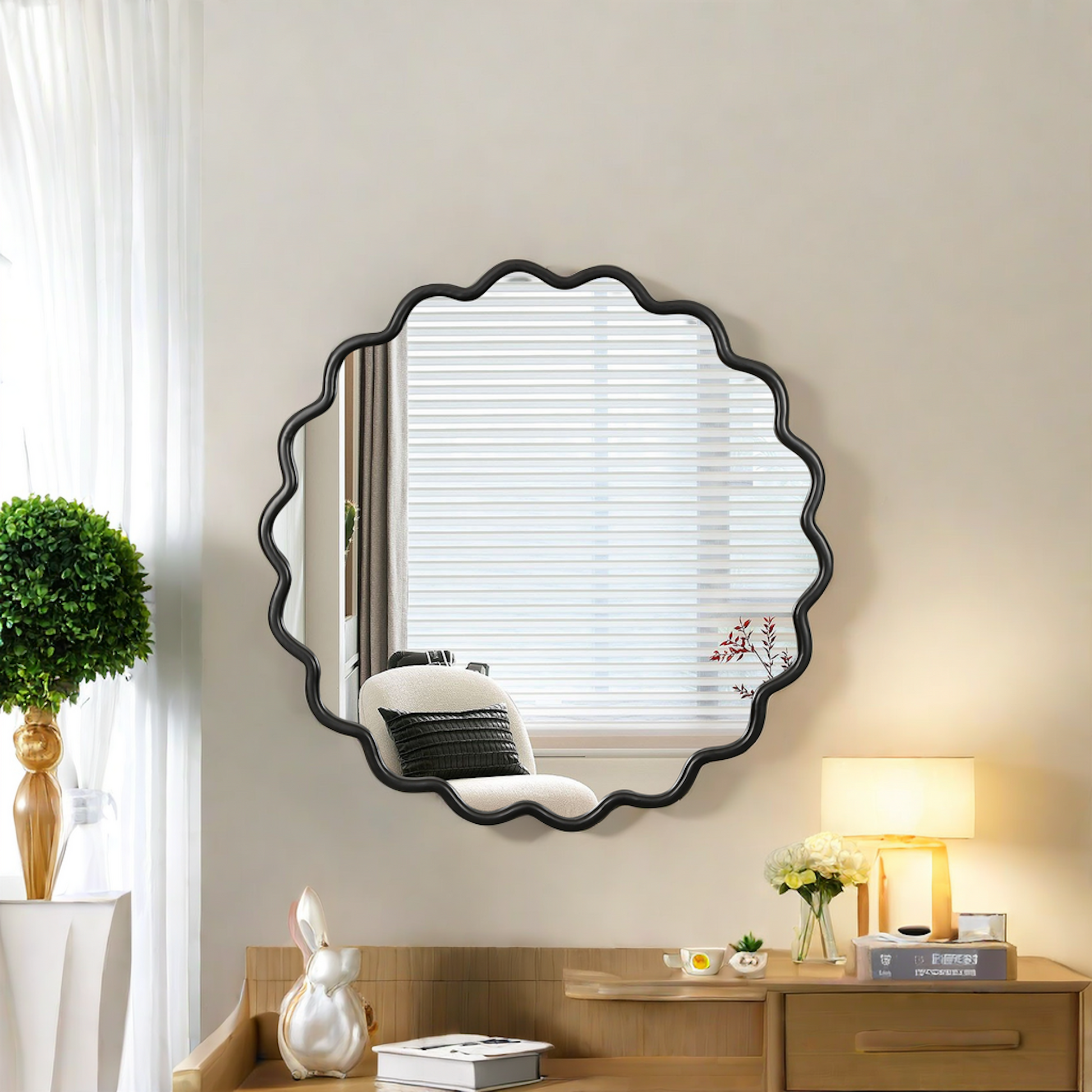 Solid Wood Wavy Mirror Black Vanity Mirror Wall Decor 36" X 36" Modern Mirror Wall Decor For Bathroom, Bedroom, Living Room, Dining Room, Cloakroom, Entryway Black Glass Solid Wood