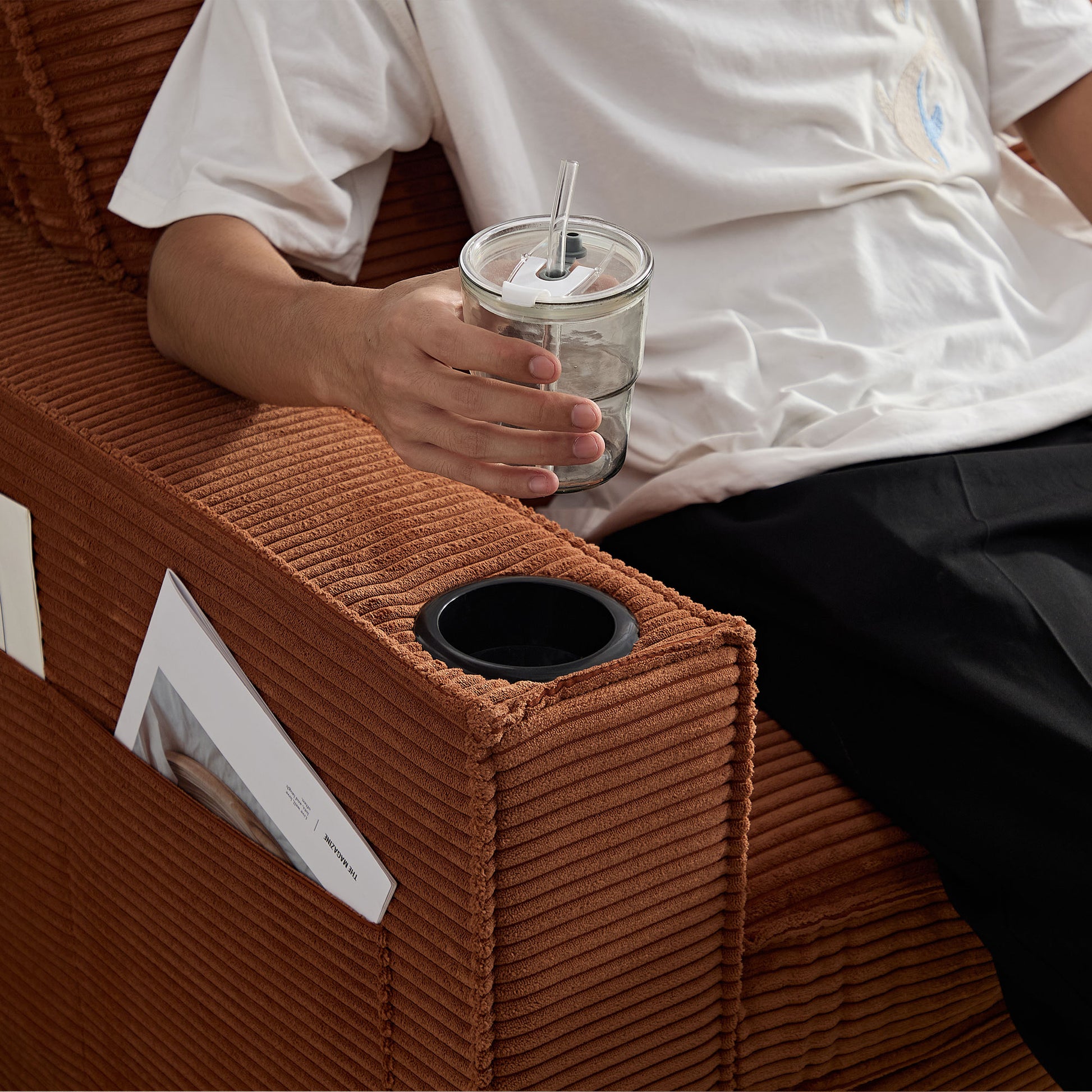 Corduroy Sofa, 87.4 Inch Modern Design Sofa With Cup Holder And Storage Bags, Deep Seat Sofa Couch,Comfy Couch For Living Room,Apartment,Office,Brown Brown Corduroy 3 Seat