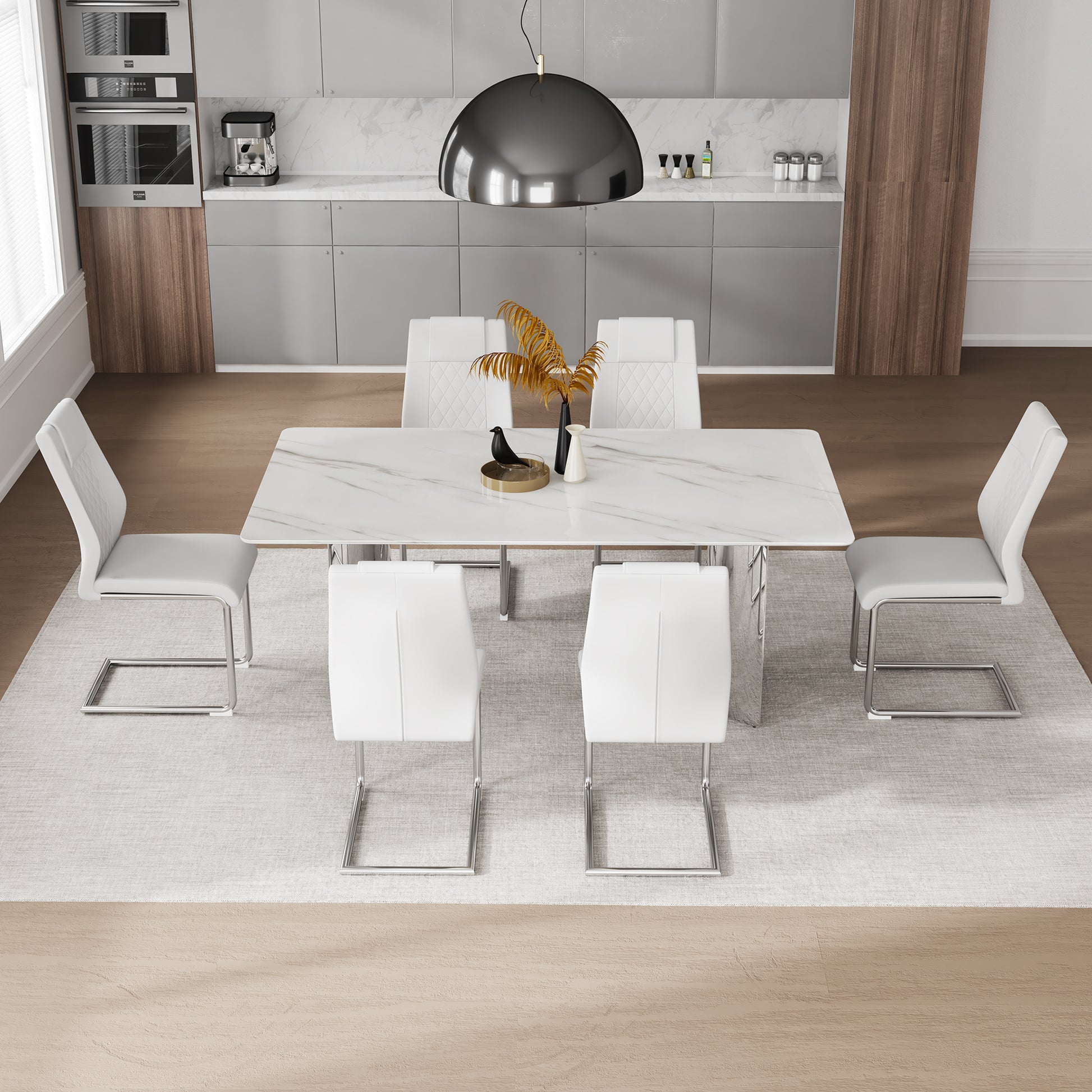 Table And Chair Set, Modern And Minimalist Dining Table. Imitation Marble Glass Sticker Desktop, Stainless Steel Legs, Stable And Beautiful. Comfortable Pu Seats. Dt 69 Silver Glass