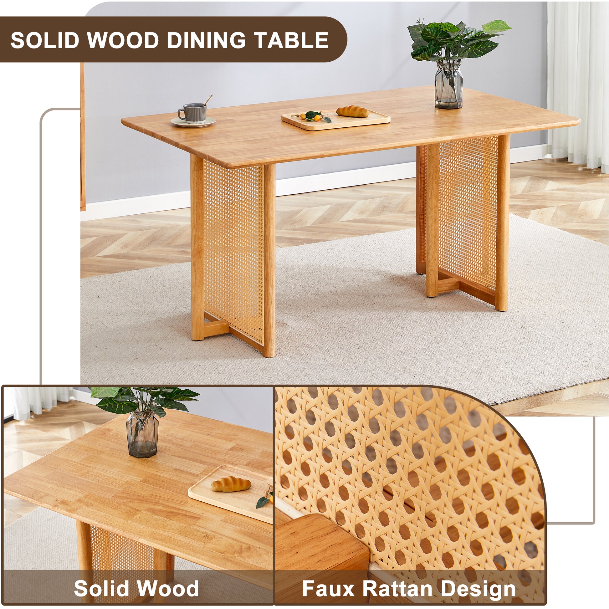 Table And Chair Set, Ancient Style Solid Wood Dining Table, Imitation Rattan Table Legs, Beautiful Simple Solid Wood Dining Chair, Perfect For Dinner, Meetings, Home And Office Decoration Wood Rubber Wood