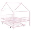 Full Size Metal House Bed With Twin Size Trundle, Pink Full Pink Metal