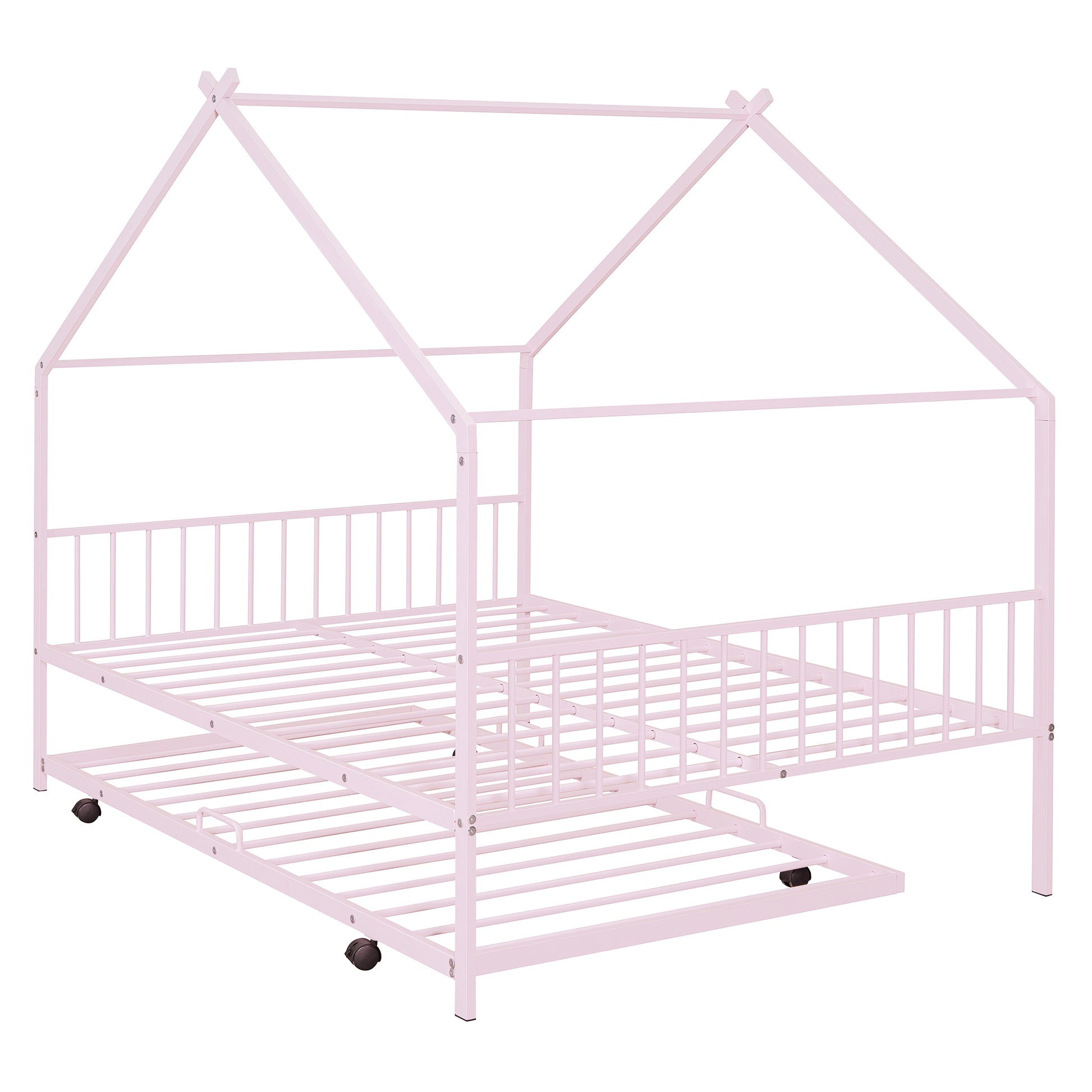 Full Size Metal House Bed With Twin Size Trundle, Pink Full Pink Metal