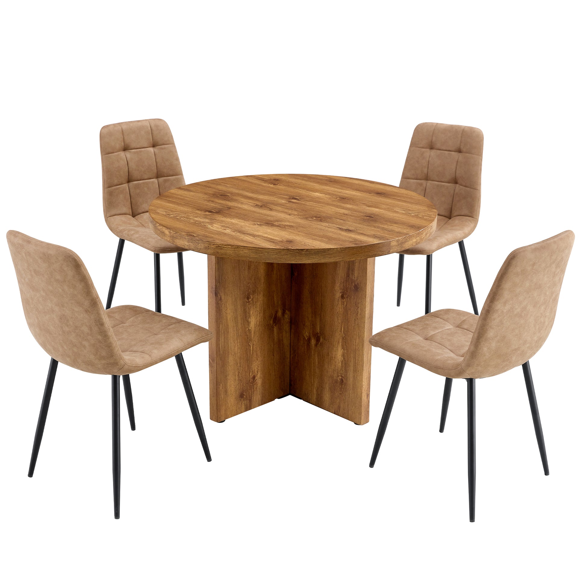 5 Piece Round Dining Table Set, Modern Round Table And 4 Upholstered Chairs For Dining Room, Kitchen Room, Living Room, Easy Assembly Metal Brown Black Dining Room 42 Inches Farmhouse,Mid Century Modern,Modern Round Round Mdf Dining Table With Chair Mdf