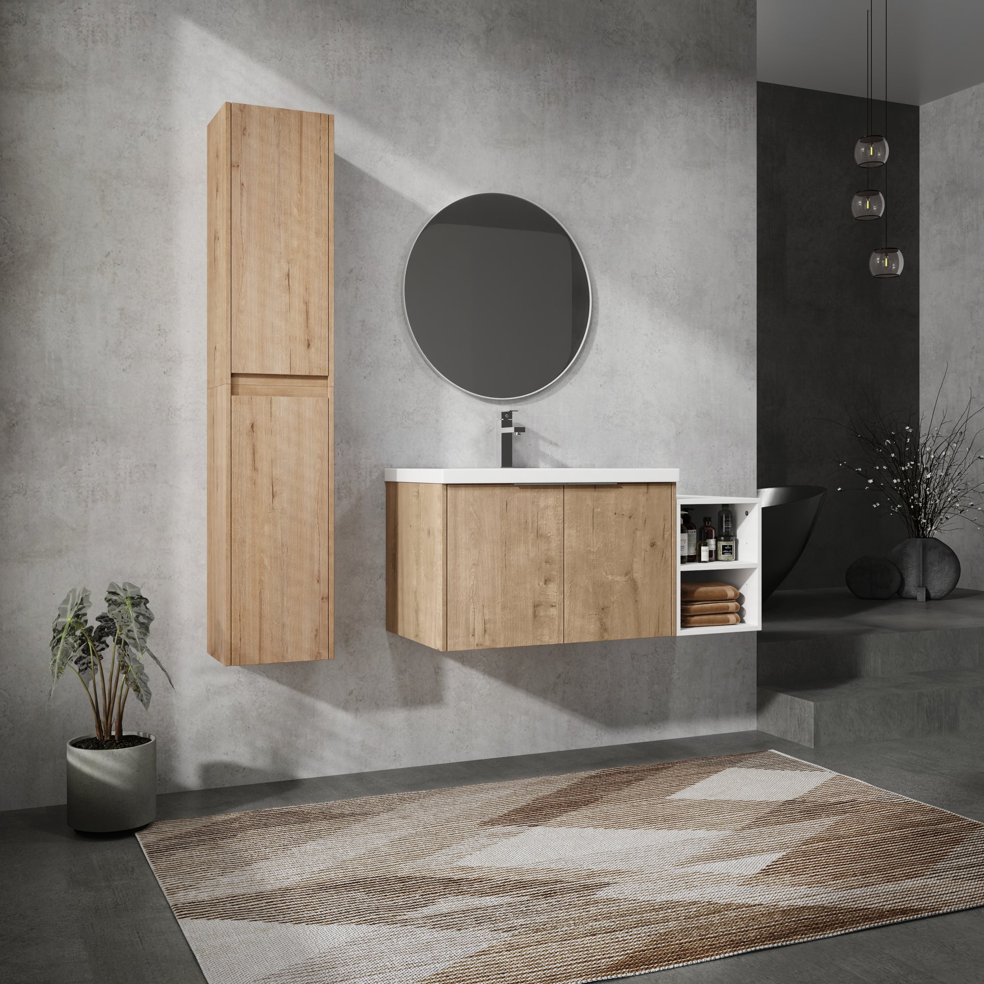42" Wall Mounted Bathroom Vanity With Sink And Side Cabinet, Soft Close Doors,00112Imox2 0630Imo 0612Gwh Combination Cabinet Kd Packing Imitative Oak Bathroom Modern Plywood Plywood