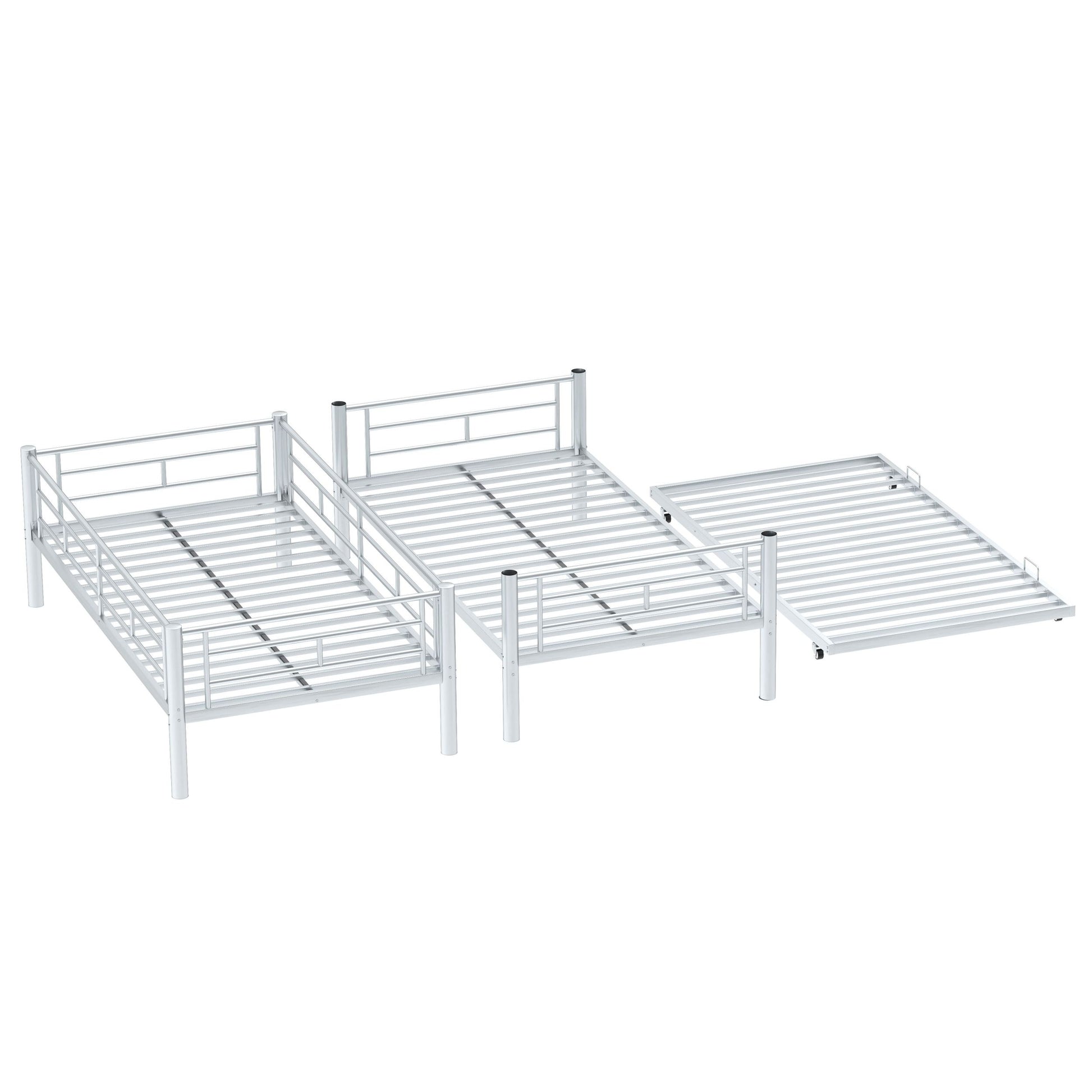 Heavy Duty Sturdy Meta Twin Over Twin With Trundle Bunk Bed L Noise Reduced Safety Guardrail No Box Spring Needed,Gray Silver Twin Gray Silver Metal